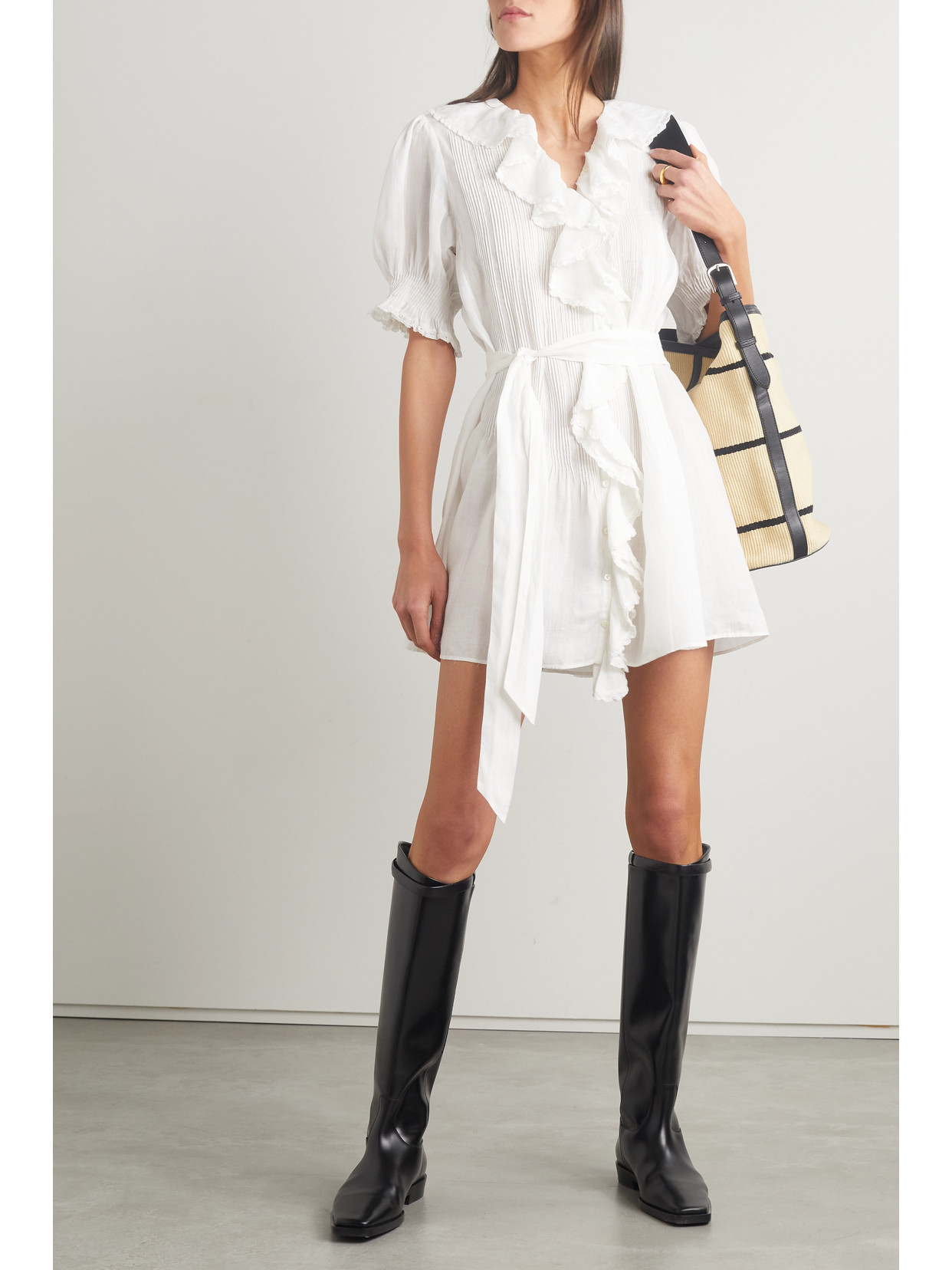 Shop Doen Piper Belted Ruffled Ramie Mini Dress In White