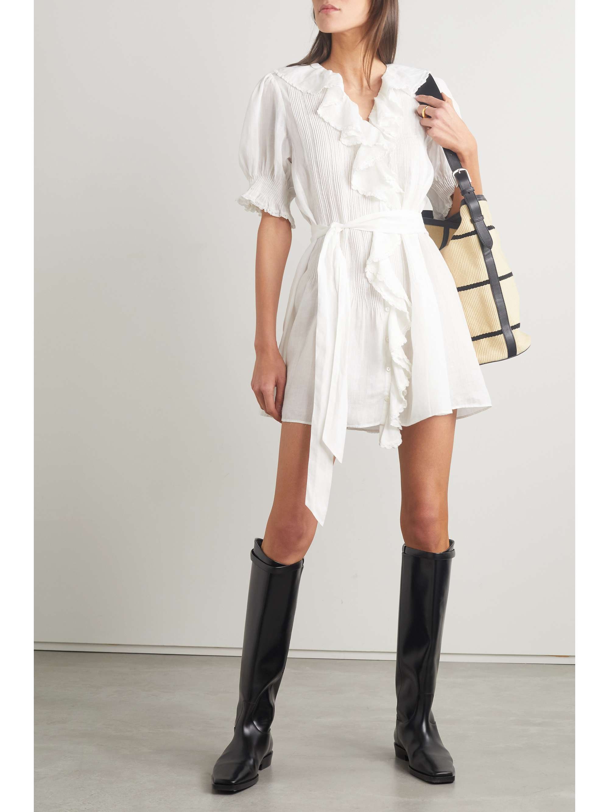 DÔEN Piper belted ruffled ramie mini dress