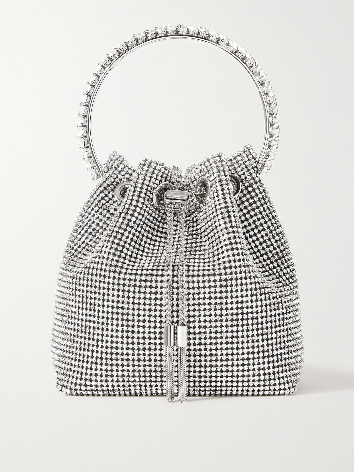 Jimmy Choo Bon Bon Crystal-embellished Satin Bucket Bag In Silver