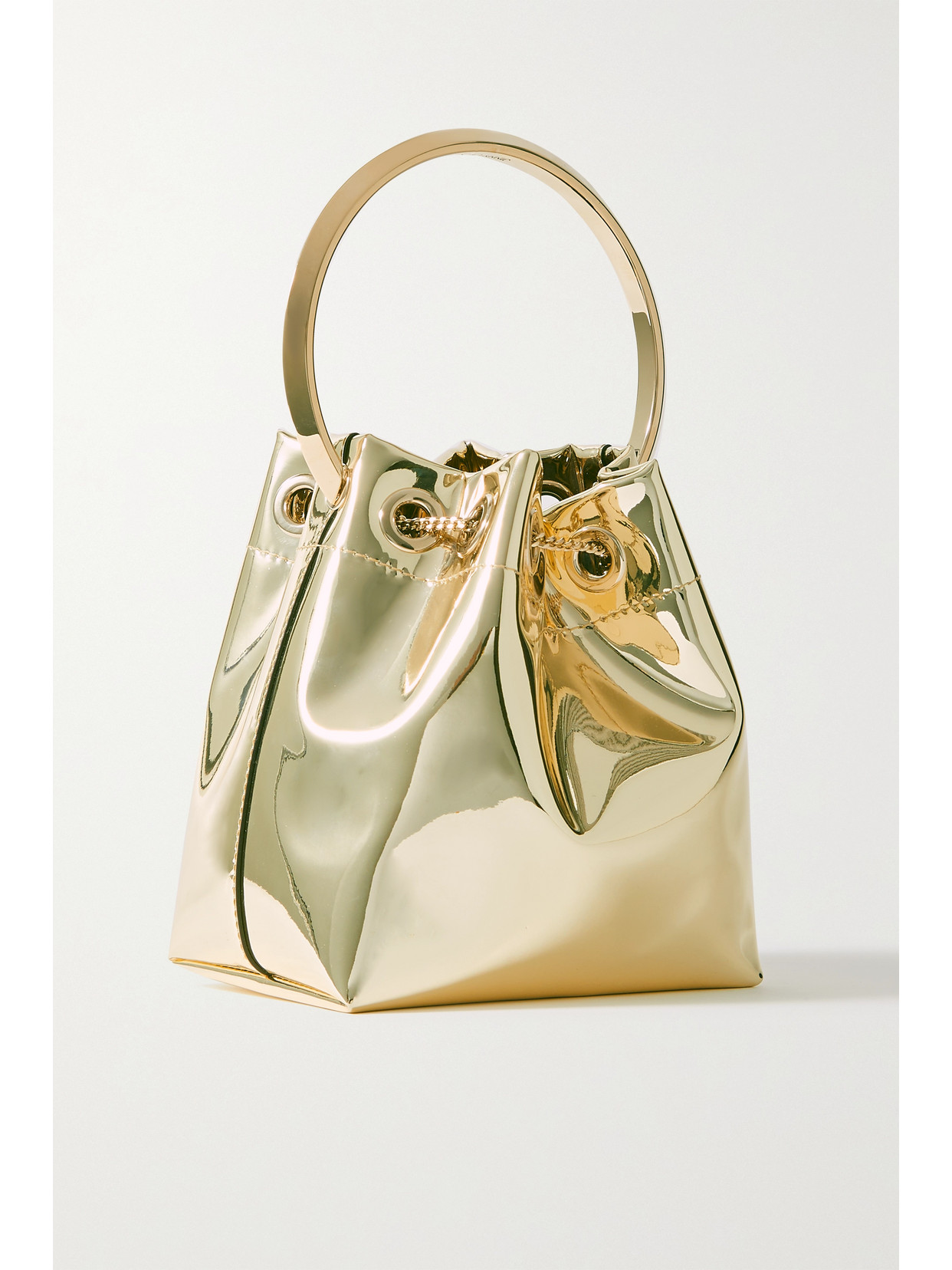 Jimmy Choo Bon Bon Metallic Mirrored-leather Bucket Bag In Gold