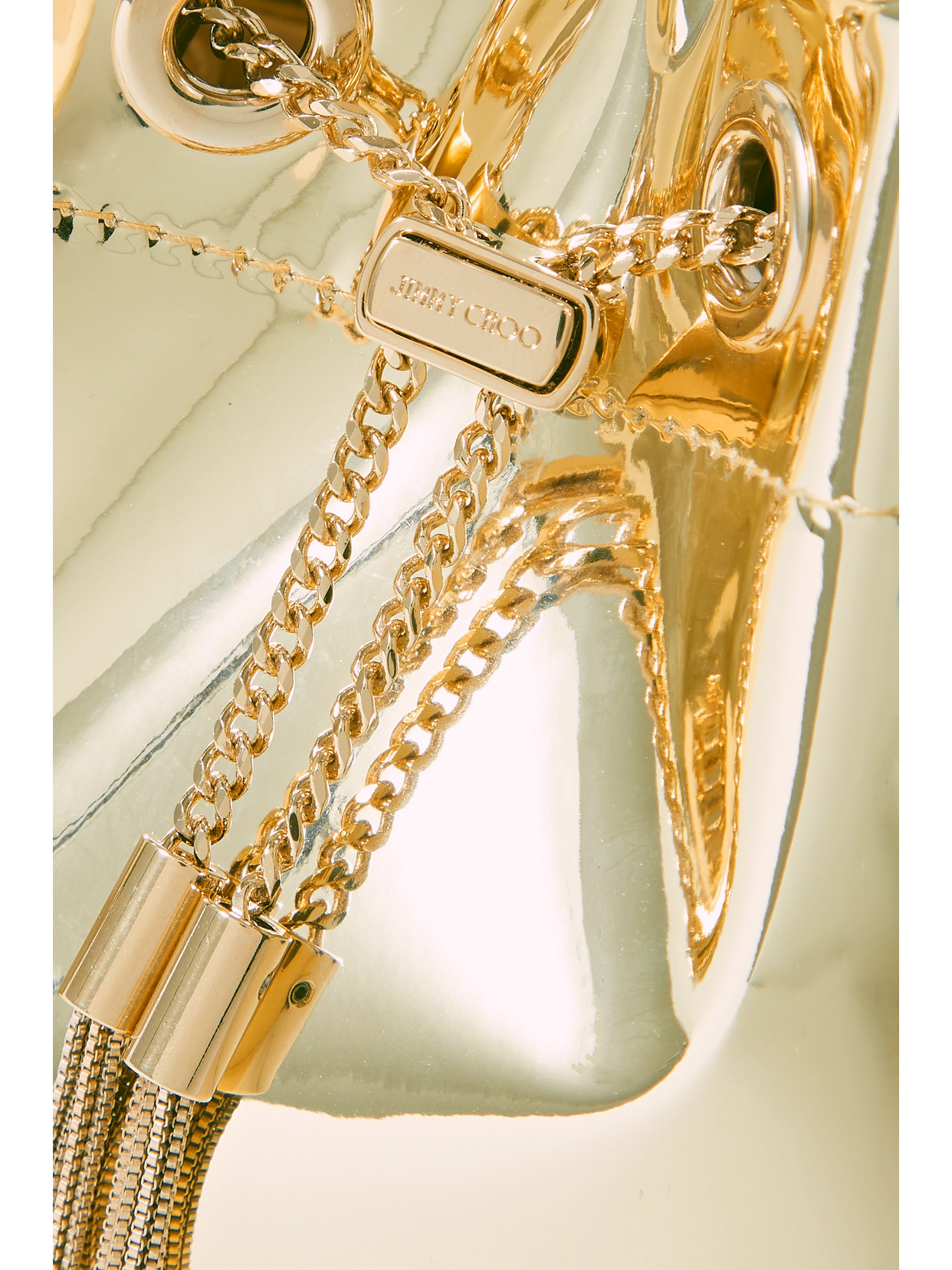 Jimmy Choo Bon Bon Metallic Mirrored-leather Bucket Bag In Gold
