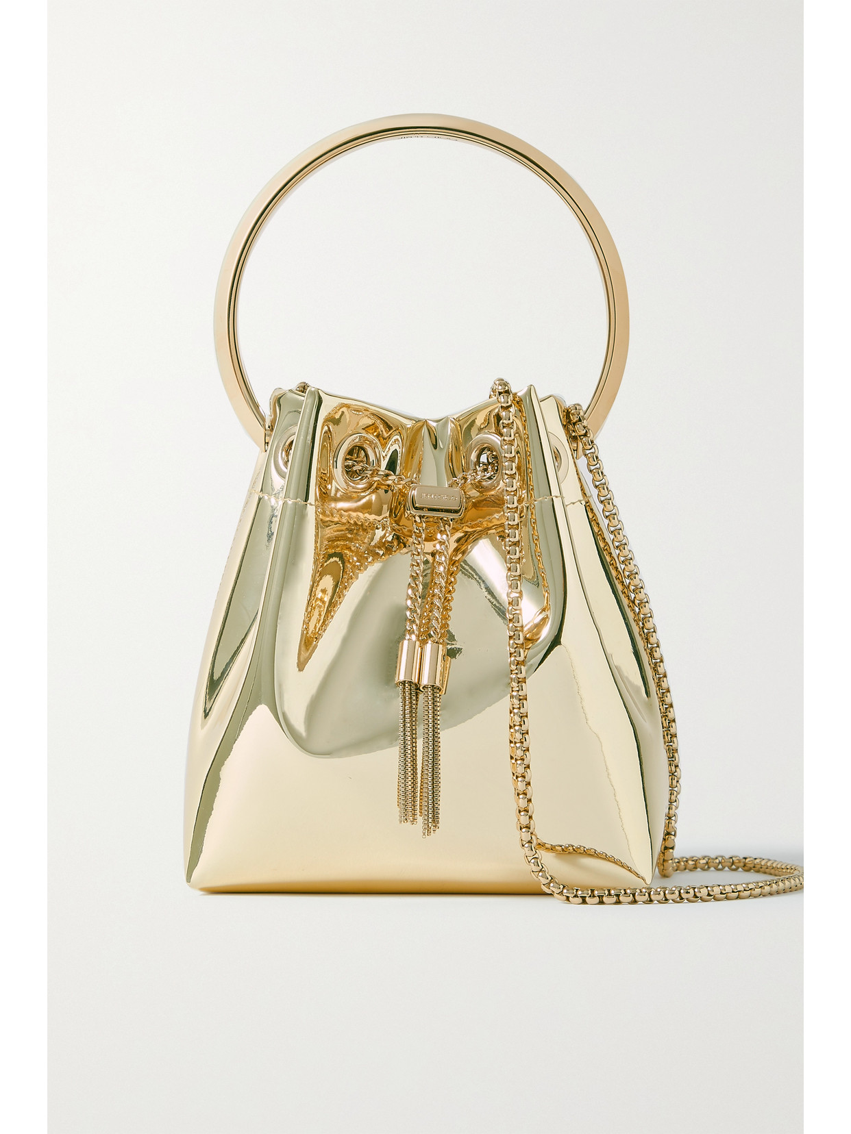Jimmy Choo Bon Bon Metallic Mirrored-leather Bucket Bag In Gold