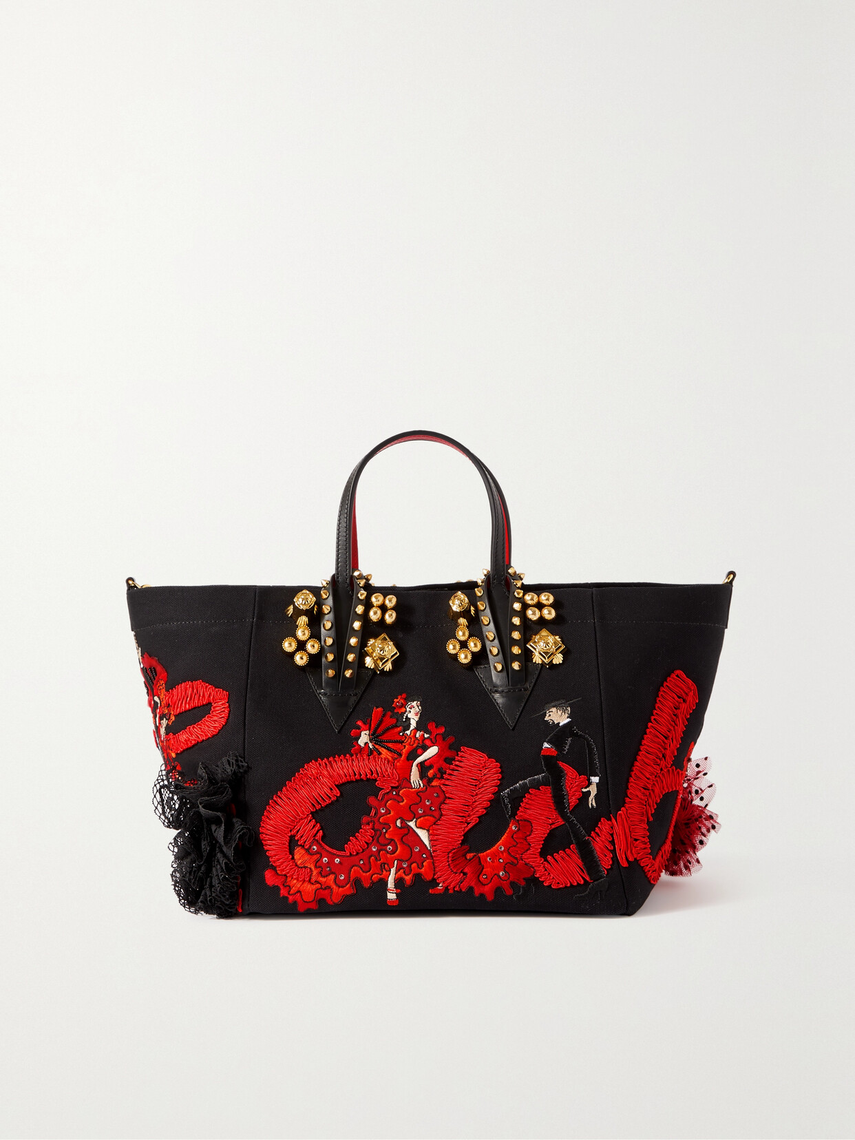 Christian Louboutin Flamencaba Leather-trimmed Appliquéd Canvas Tote In Black