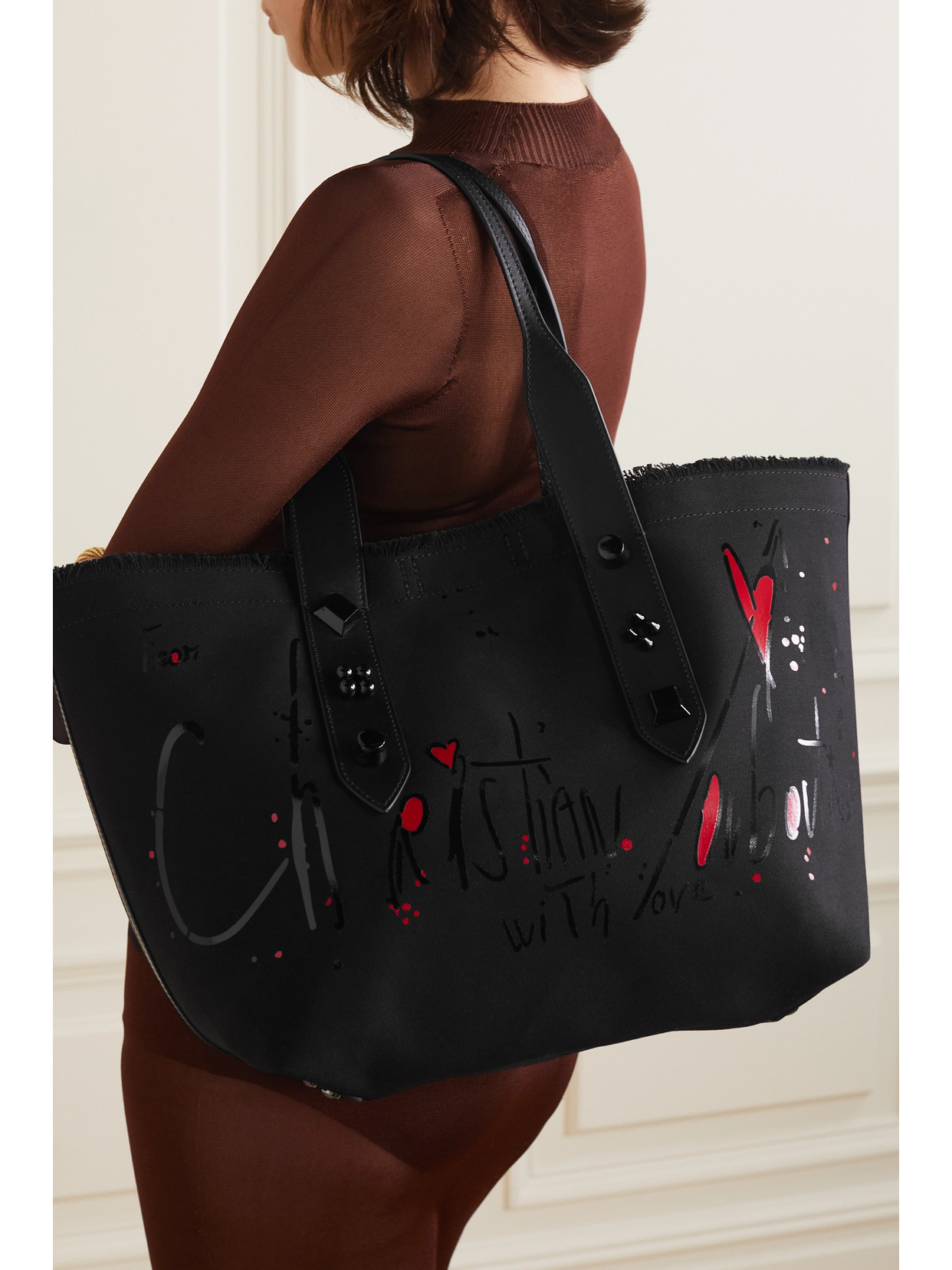 Shop Christian Louboutin Frangibus Medium Embellished Leather-trimmed Printed Denim Tote In Black