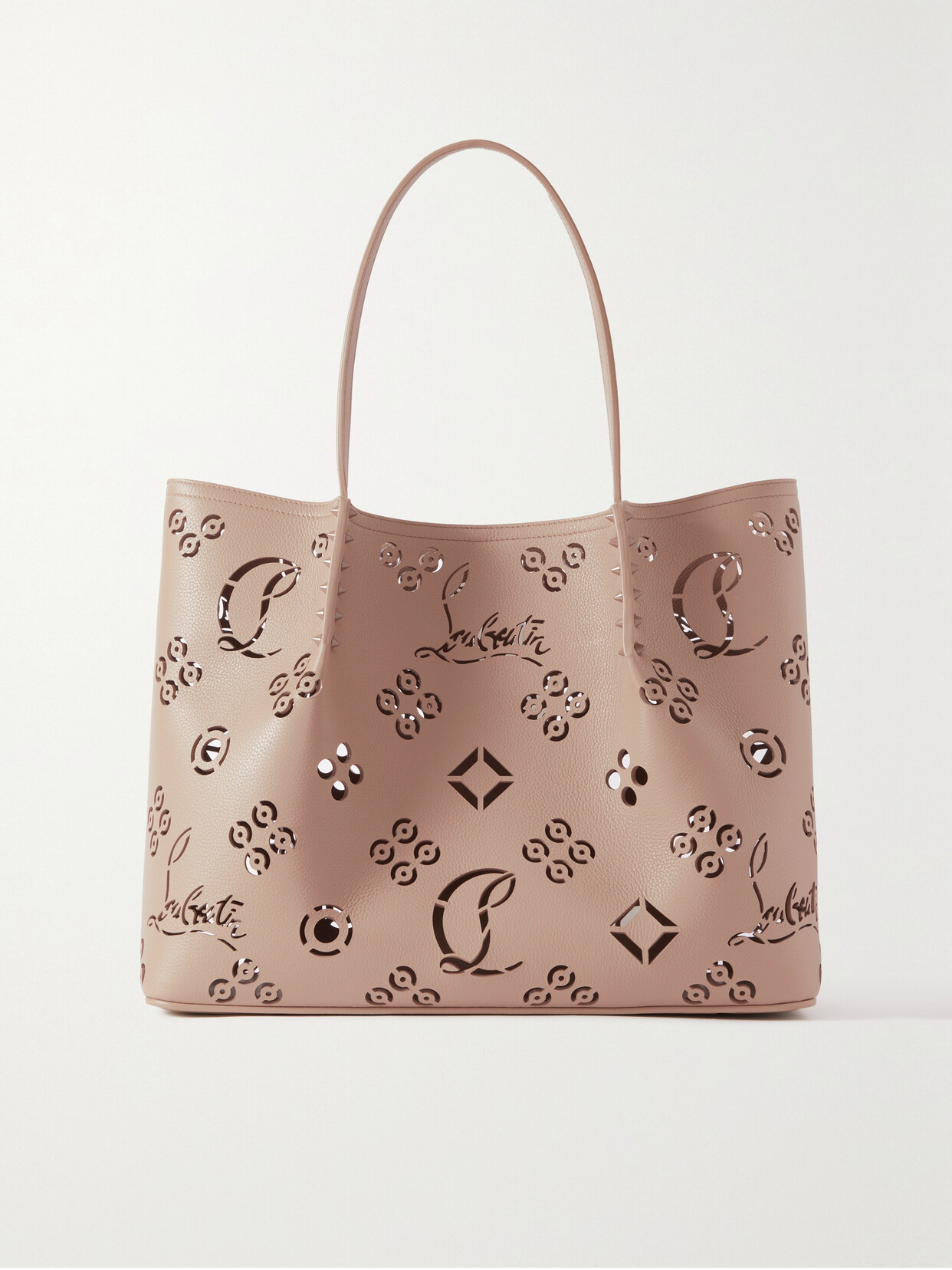 Shop Christian Louboutin Cabarock Large Studded Laser-cut Textured-leather Tote In Brown