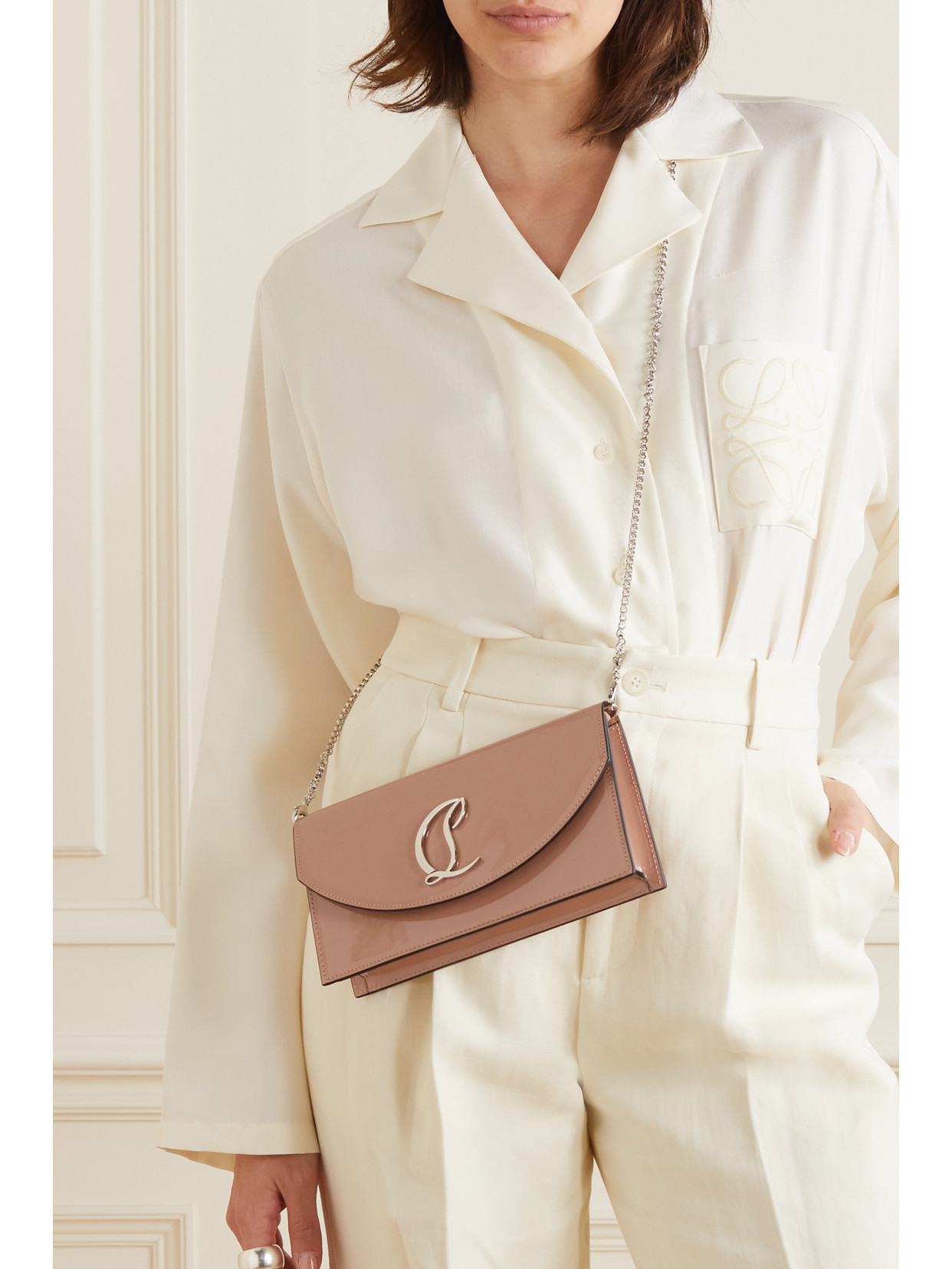 Christian Louboutin Loubi54 Embellished Patent-leather Shoulder Bag In Neutrals