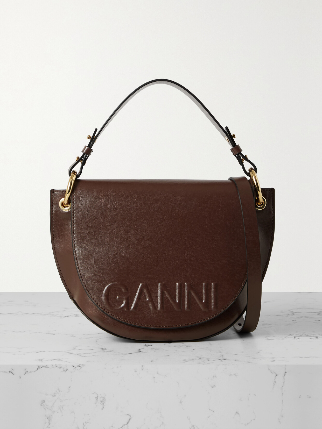 GANNI - Banner Embossed Recycled-leather Shoulder Bag - Brown