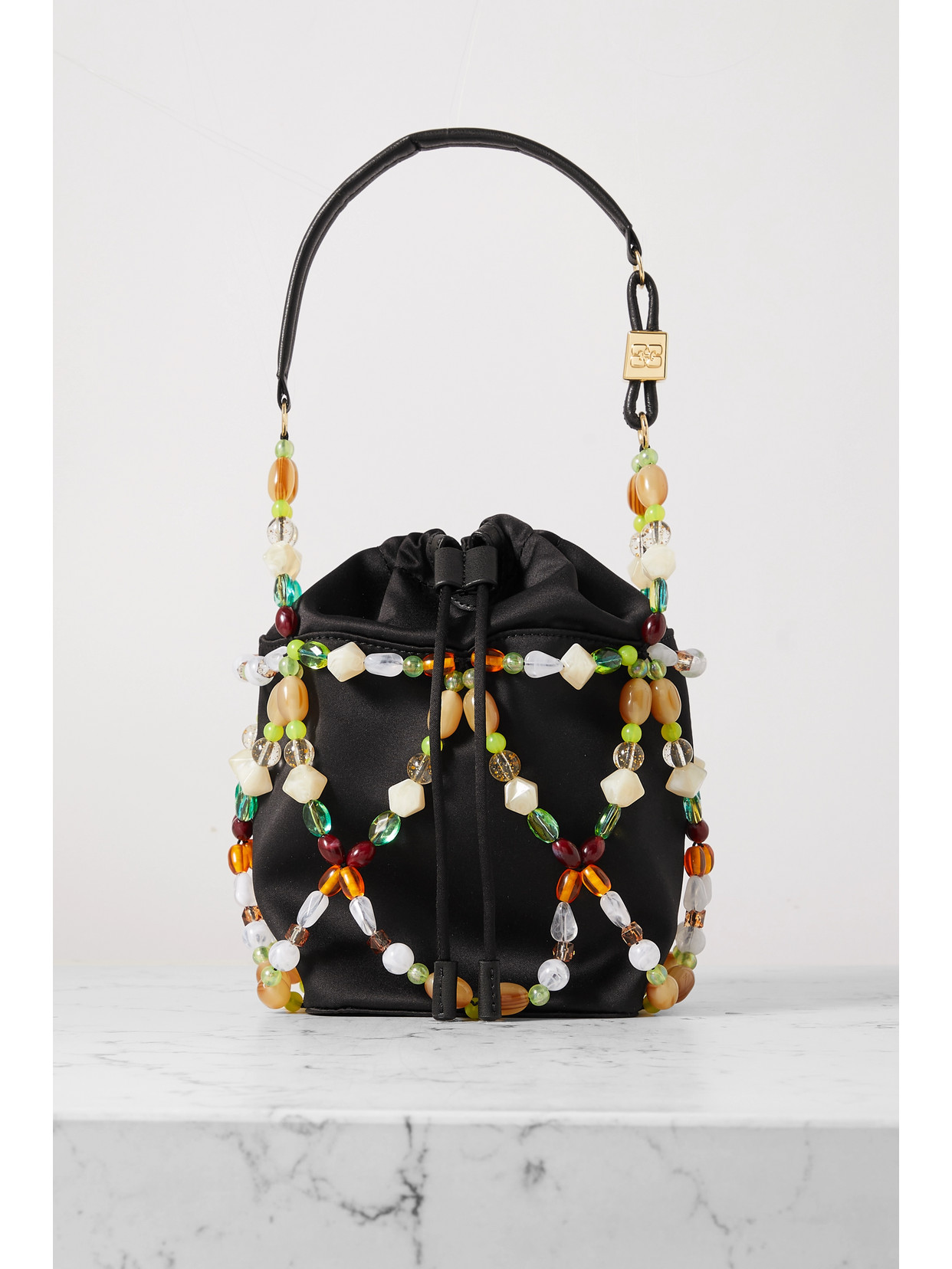 GANNI - Embellished Recycled Faux Leather-trimmed Satin Bucket Bag - Black