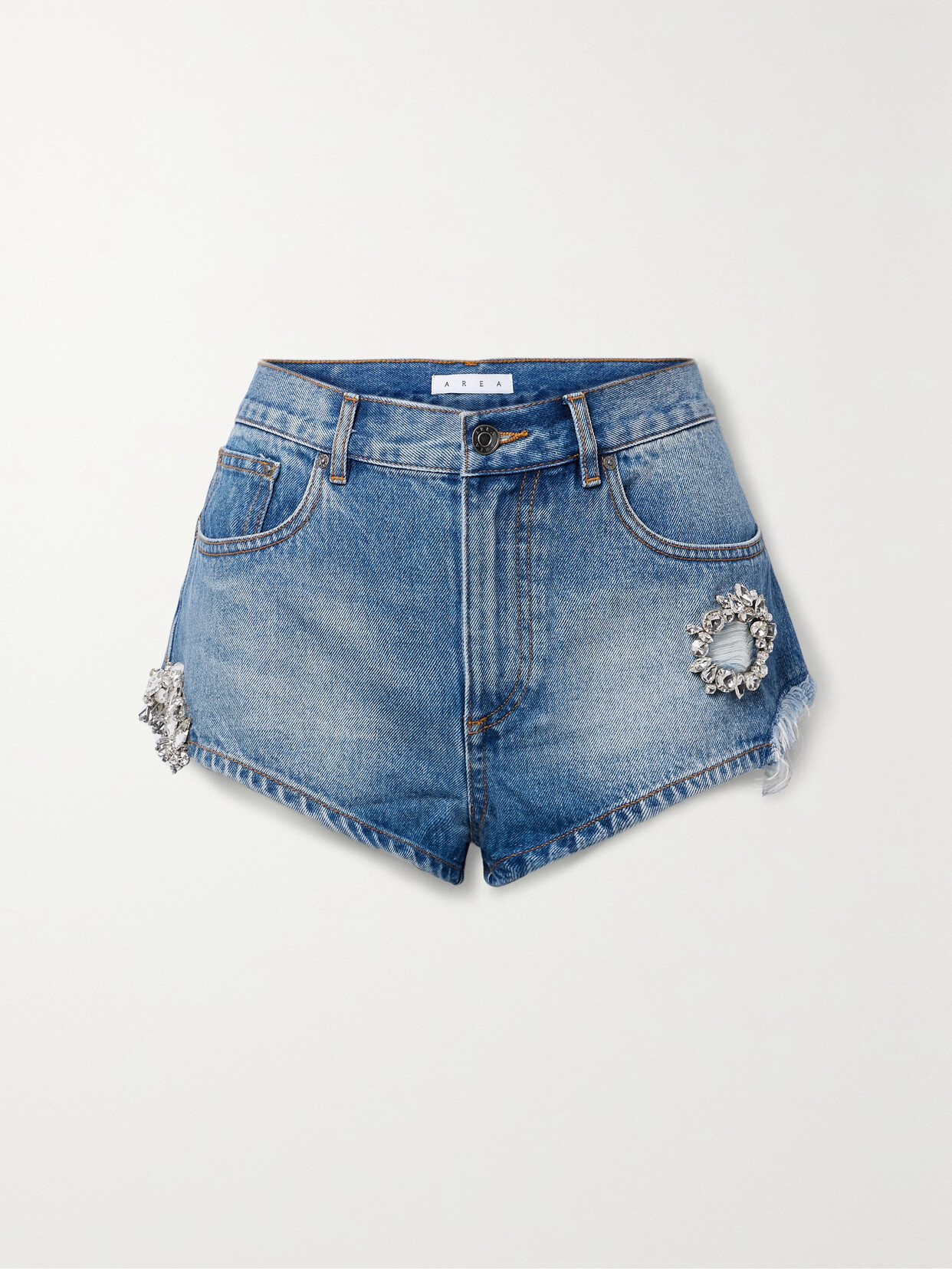 AREA - Crystal-embellished Distressed Denim Shorts - Blue