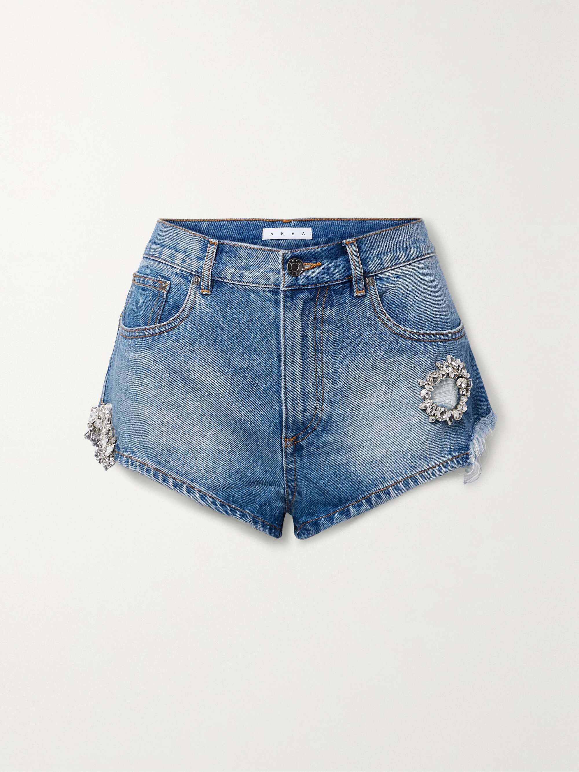 AREA Crystal-embellished distressed denim shorts