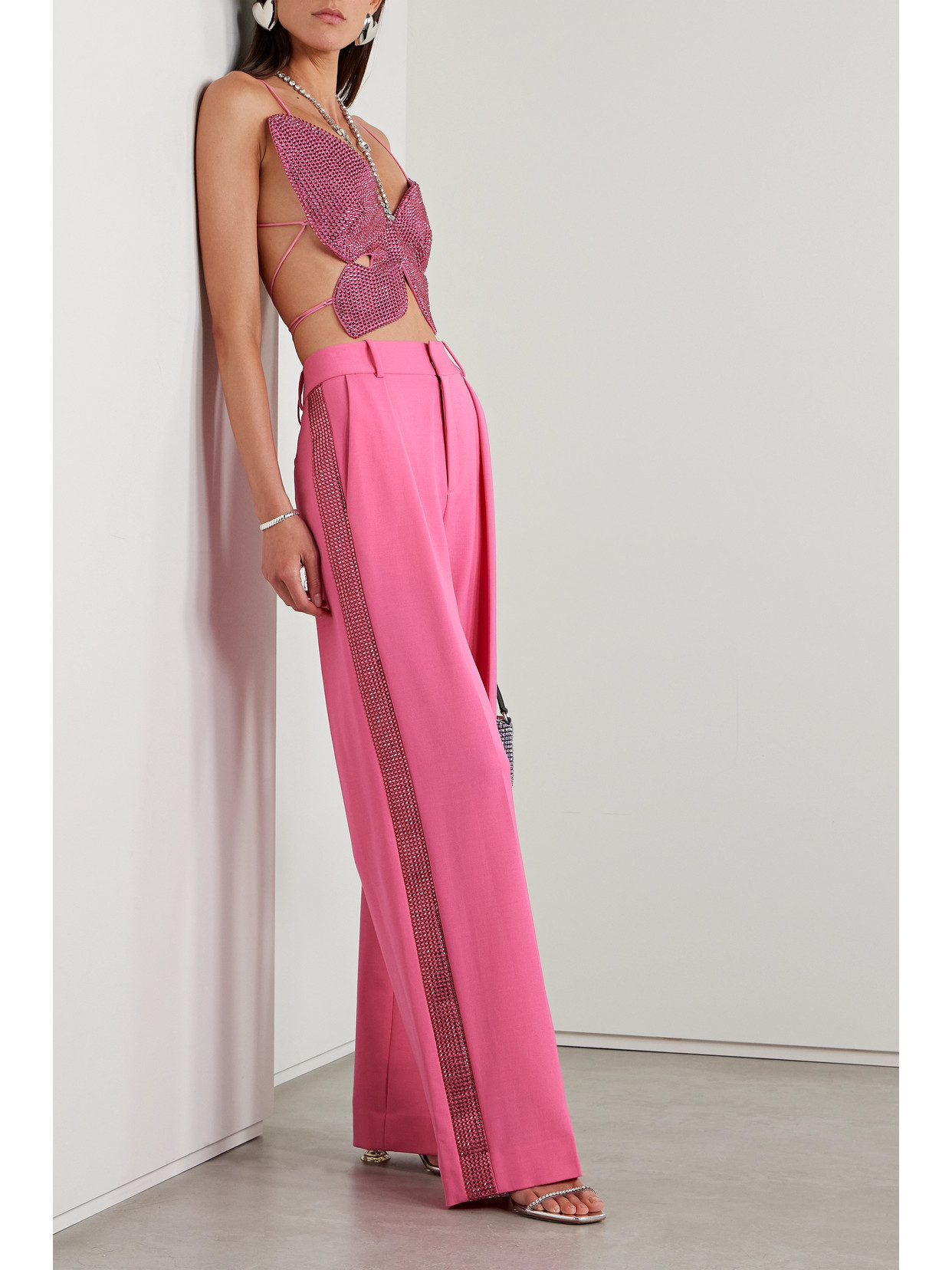 Shop Area Crystal-embellished Pleated Wool-blend Straight-leg Pants In Pink