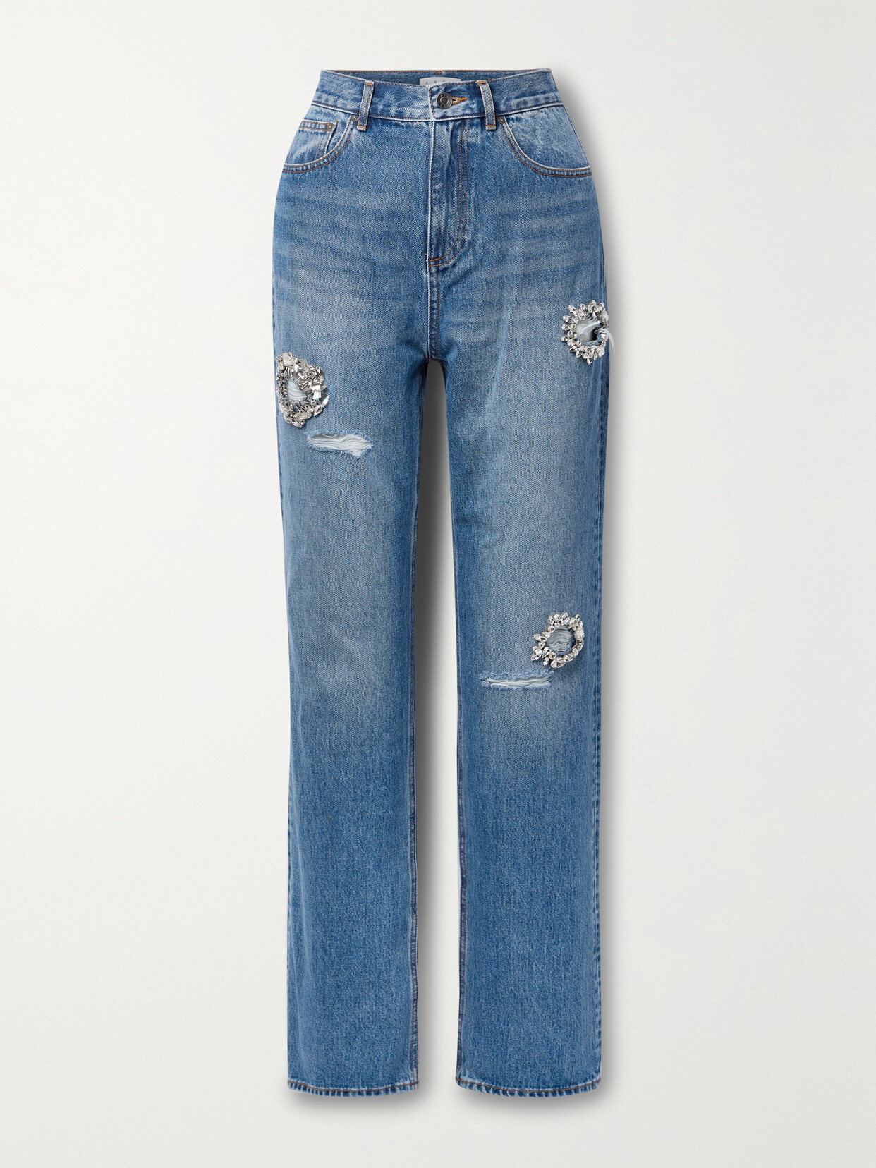 AREA DISTRESSED CRYSTAL-EMBELLISHED STRAIGHT-LEG JEANS