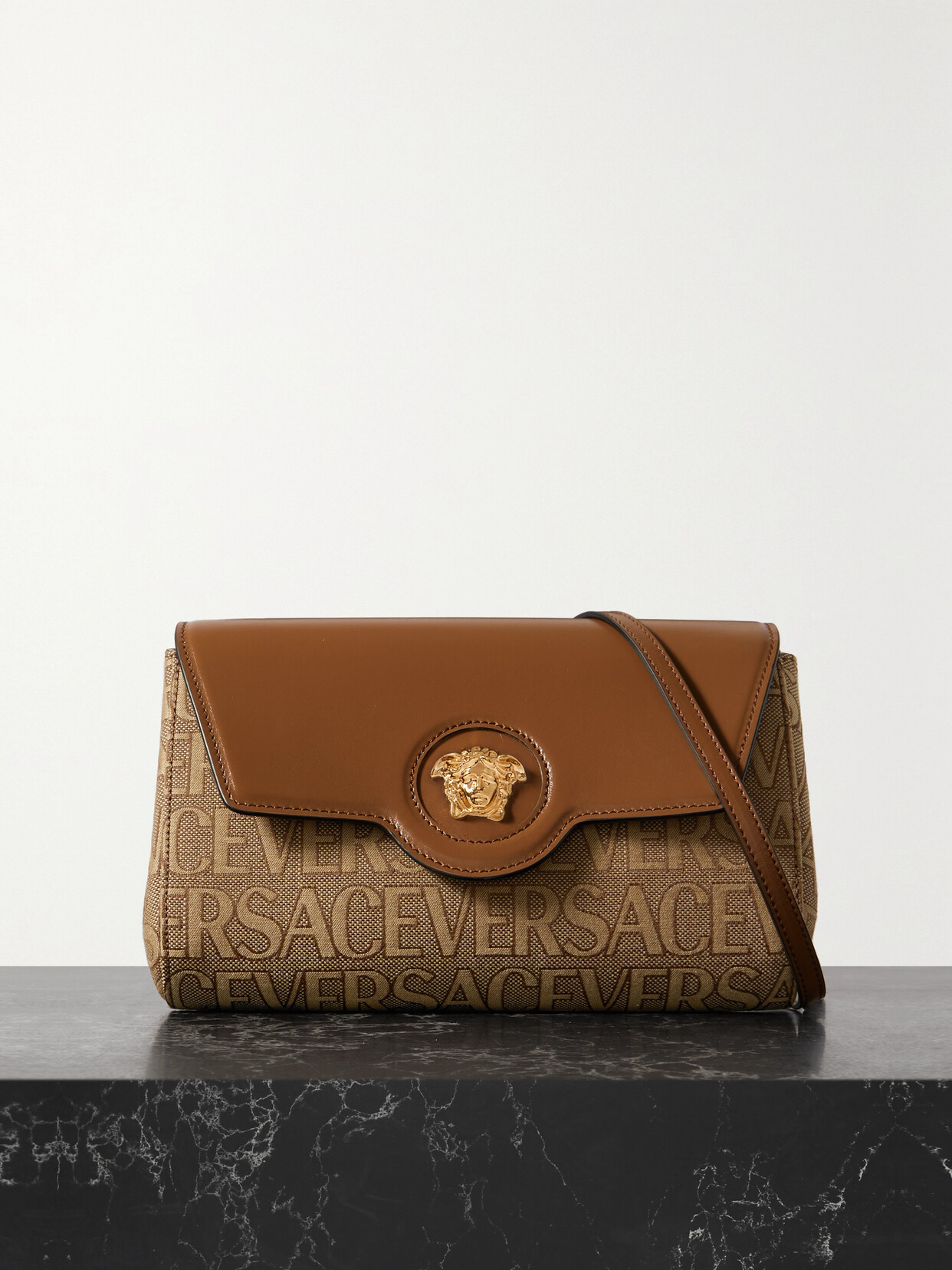 Versace - Mini Embellished Leather And Canvas-jacquard Shoulder Bag - Neutrals