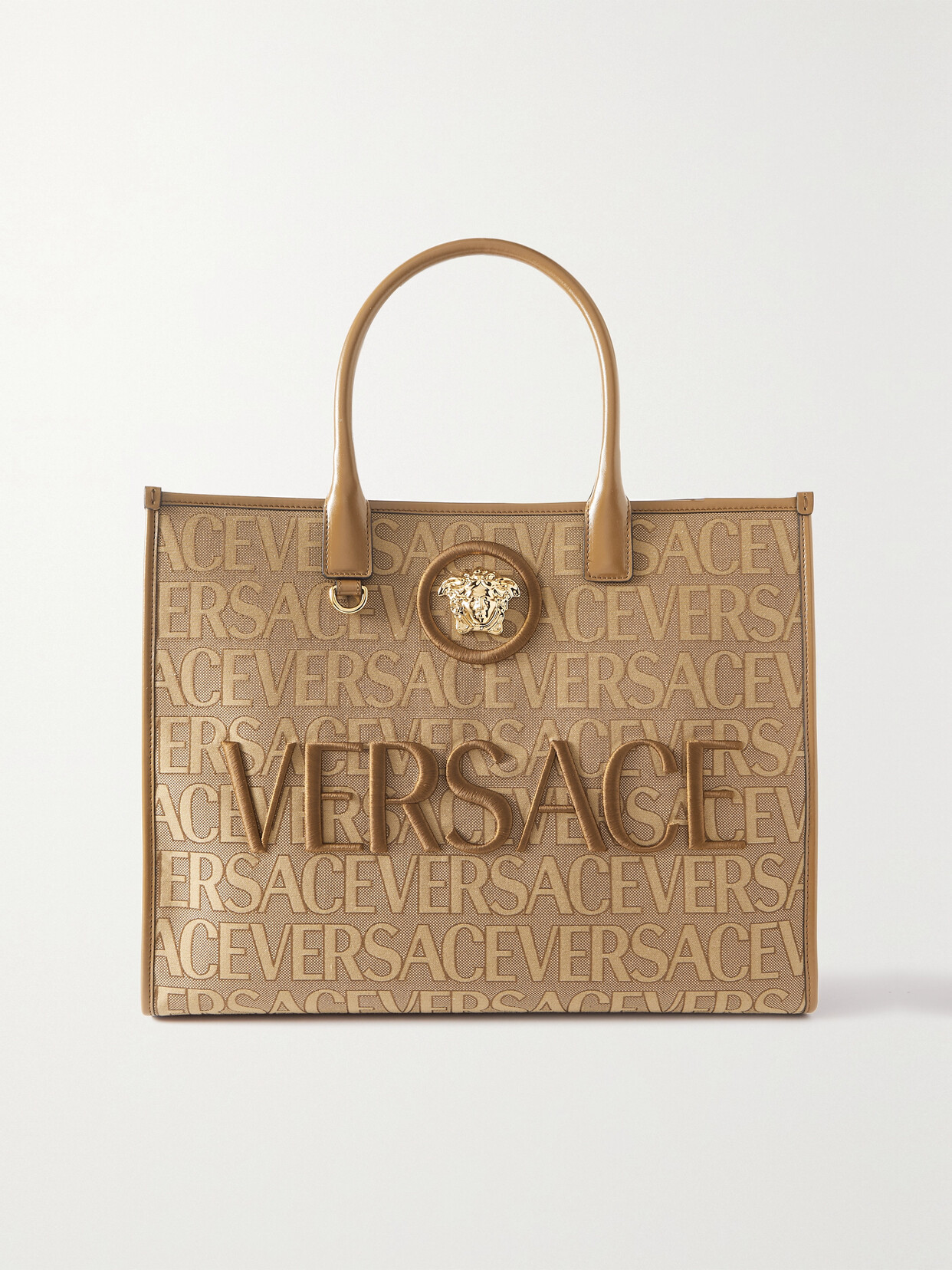 Versace - Medusa Leather-trimmed Embroidered Canvas-jacquard Tote - Neutrals