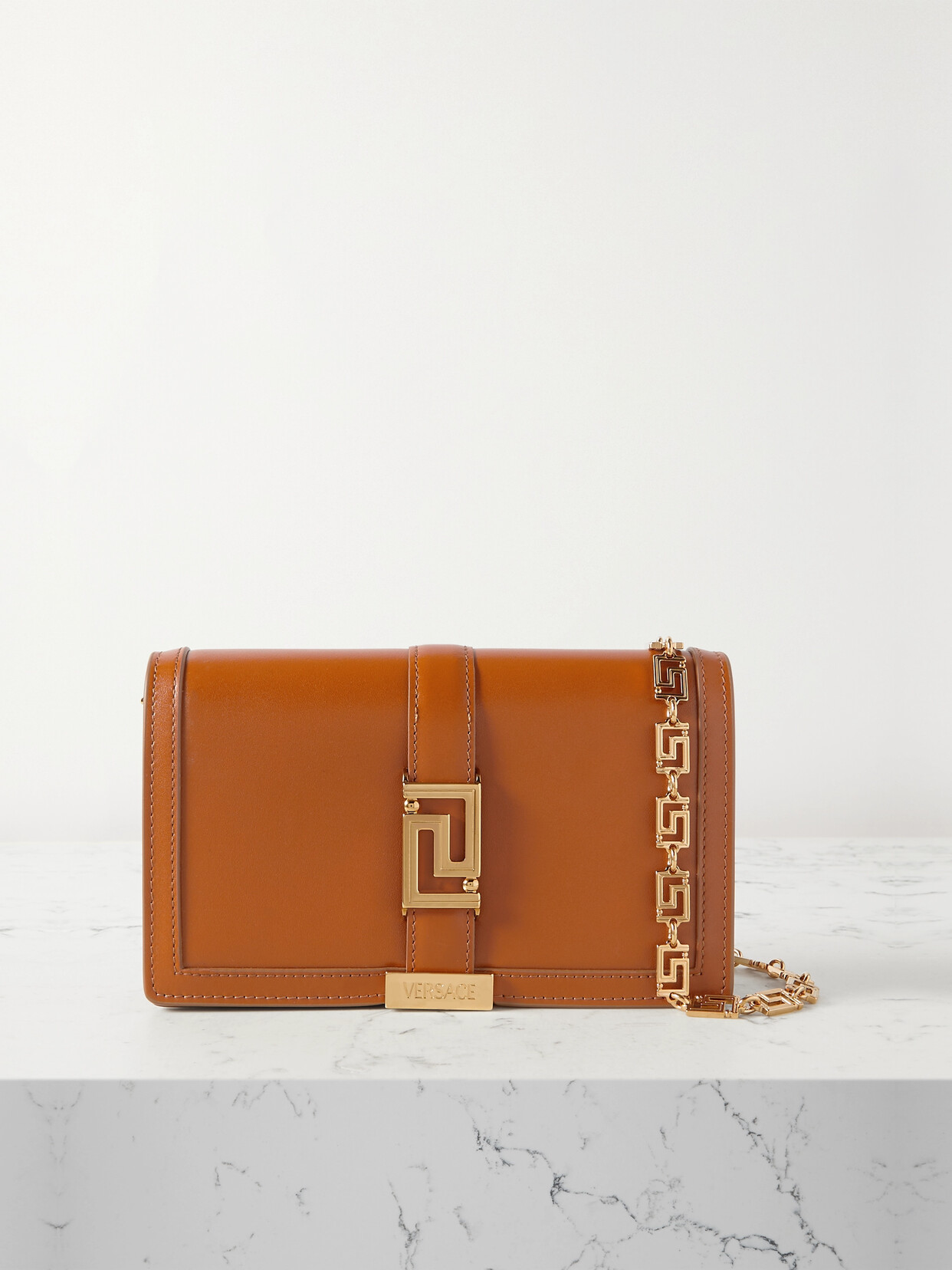 Versace Greca Goddess Embellished Leather Shoulder Bag - Brown