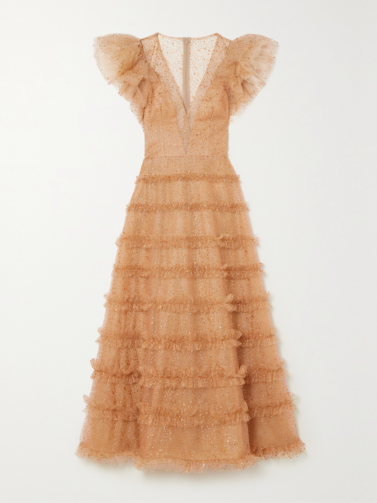 Costarellos Nixie Tiered Glittered Tulle Midi Dress