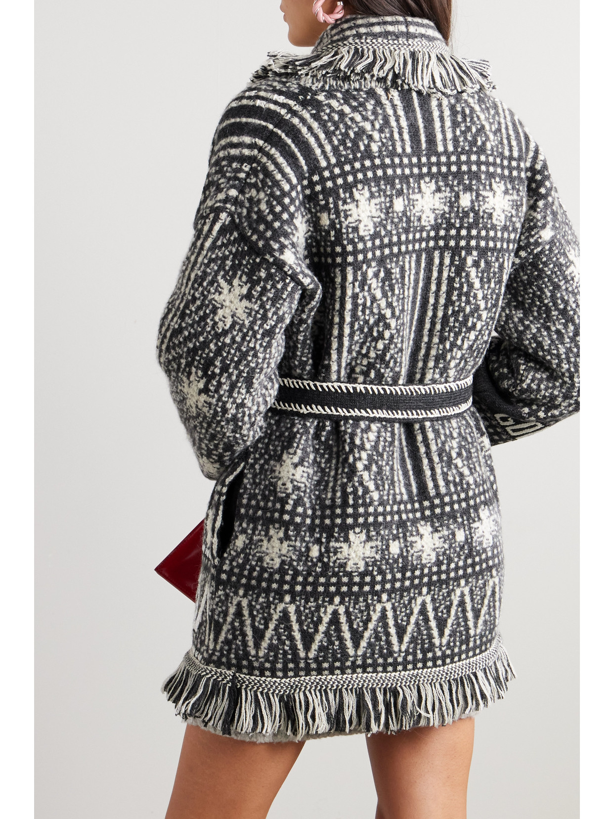 Shop Golden Goose Journey Belted Fringed Fair Isle Alpaca And Wool-blend Cardigan In Gray