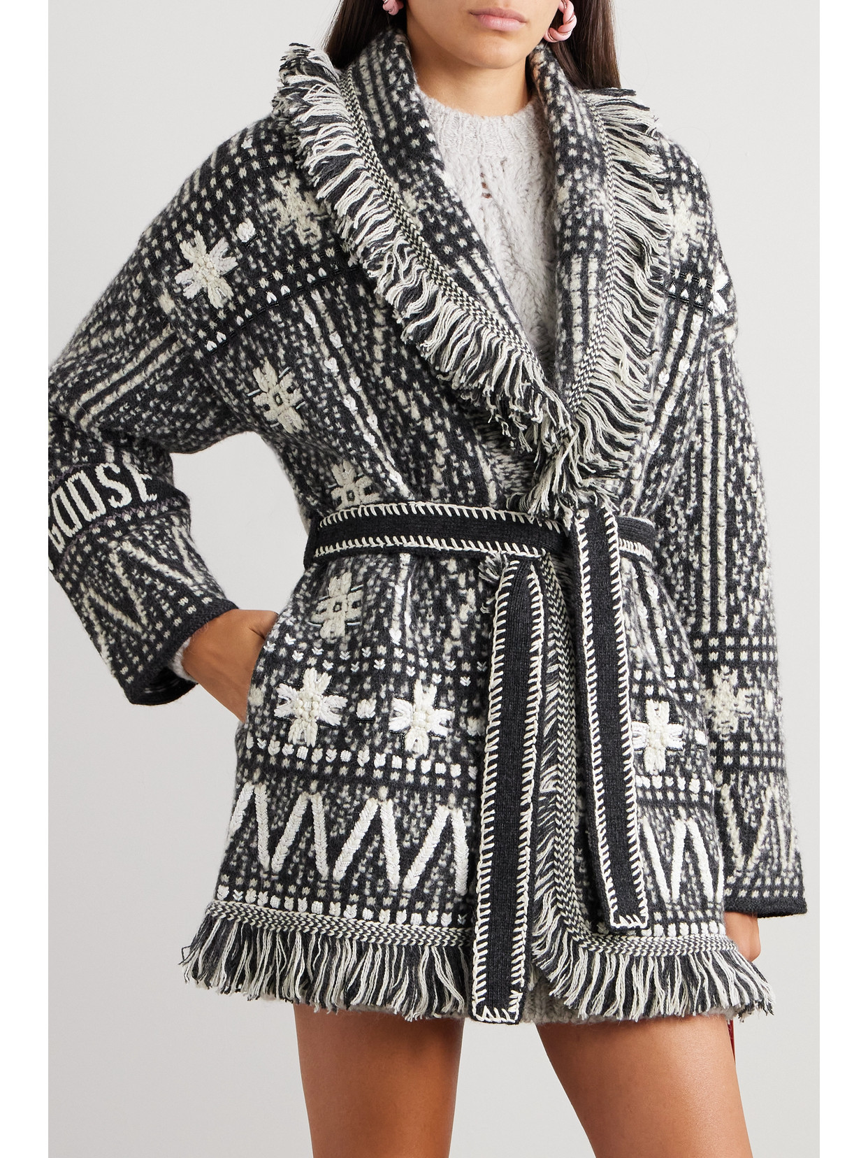 Shop Golden Goose Journey Belted Fringed Fair Isle Alpaca And Wool-blend Cardigan In Gray