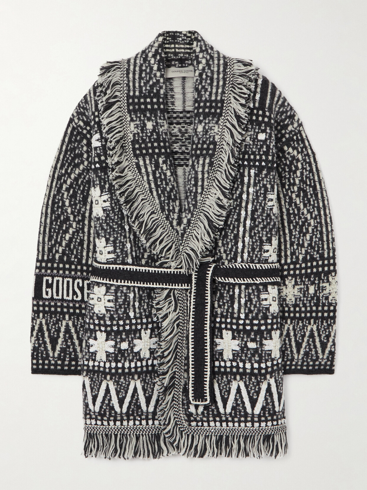 Golden Goose Journey Belted Fringed Fair Isle Alpaca And Wool-blend Cardigan In Gray