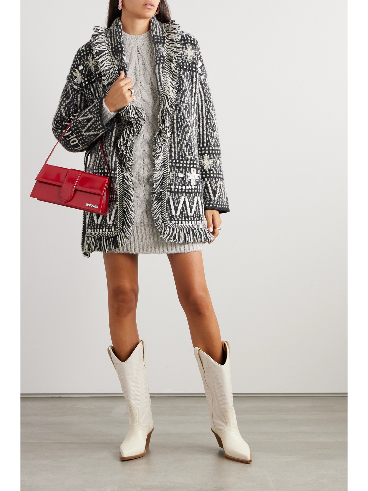 Shop Golden Goose Journey Belted Fringed Fair Isle Alpaca And Wool-blend Cardigan In Gray