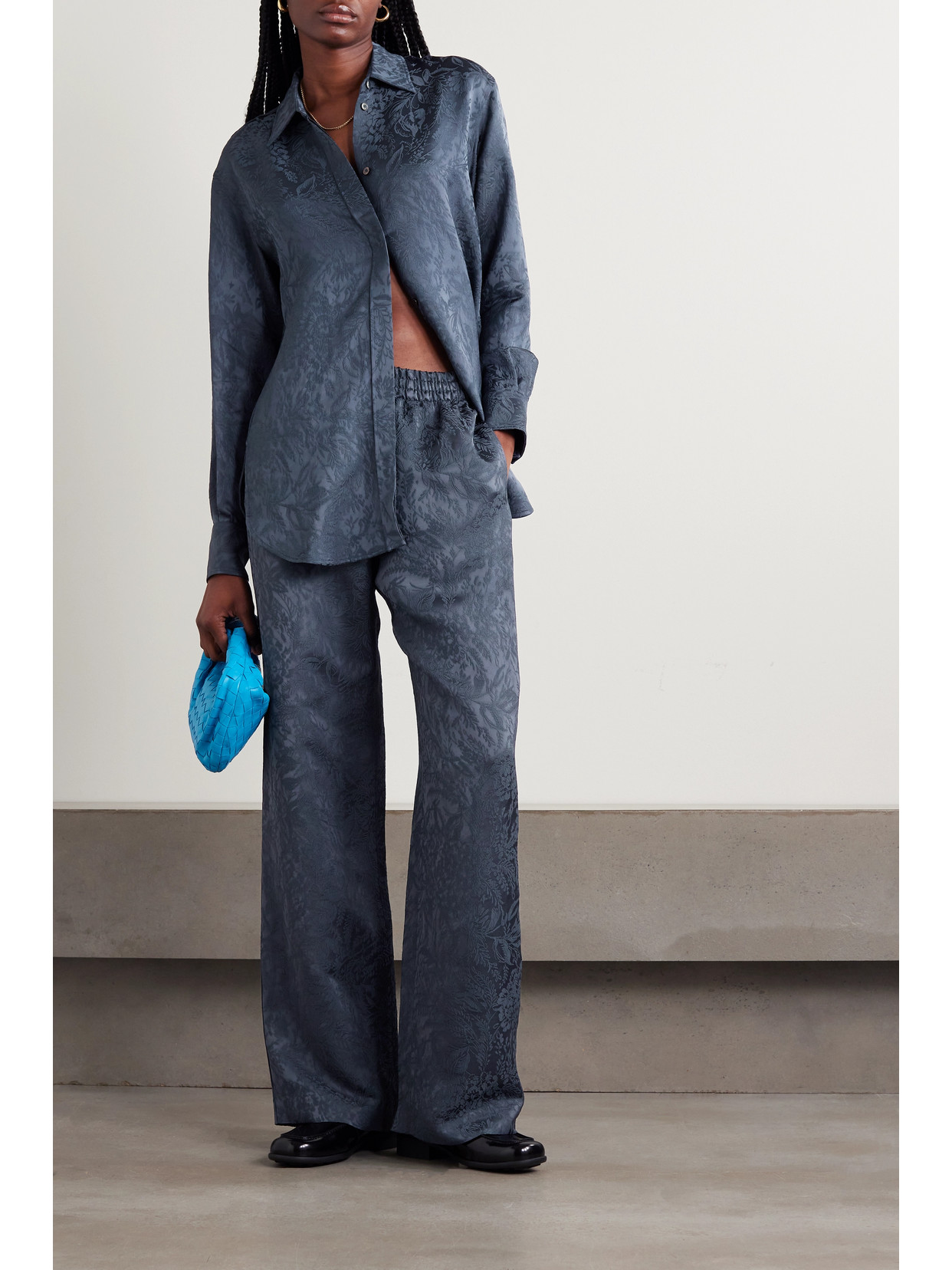 Golden Goose Journey Studded Satin-jacquard Wide-leg Pants In Blue