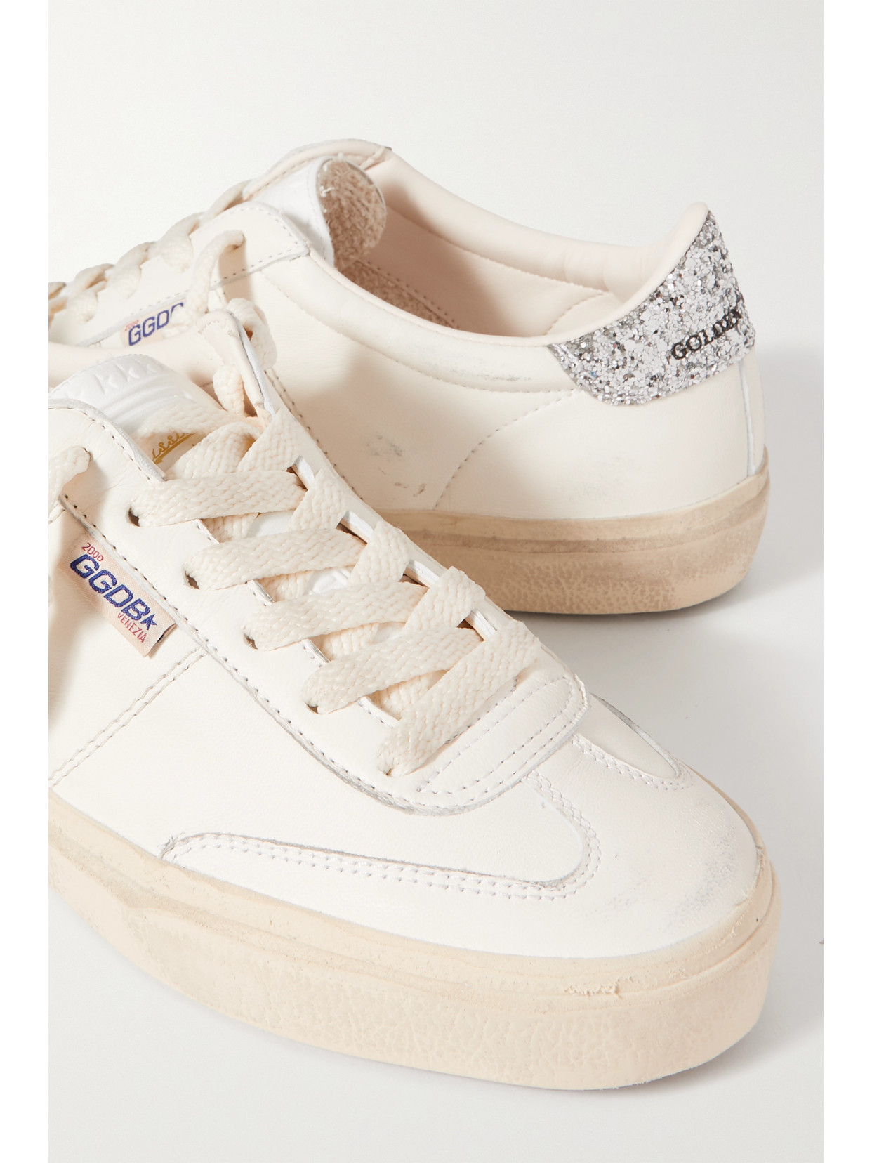 Shop Golden Goose Soul-star Distressed Glittered Leather Sneakers In White