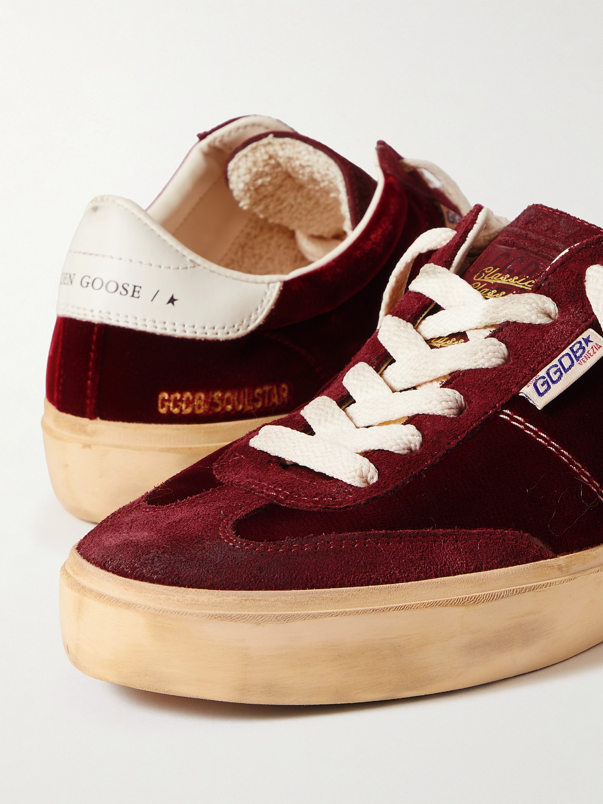 Shop Golden Goose Soul-star Distressed Suede And Leather-trimmed Velvet Sneakers In Burgundy