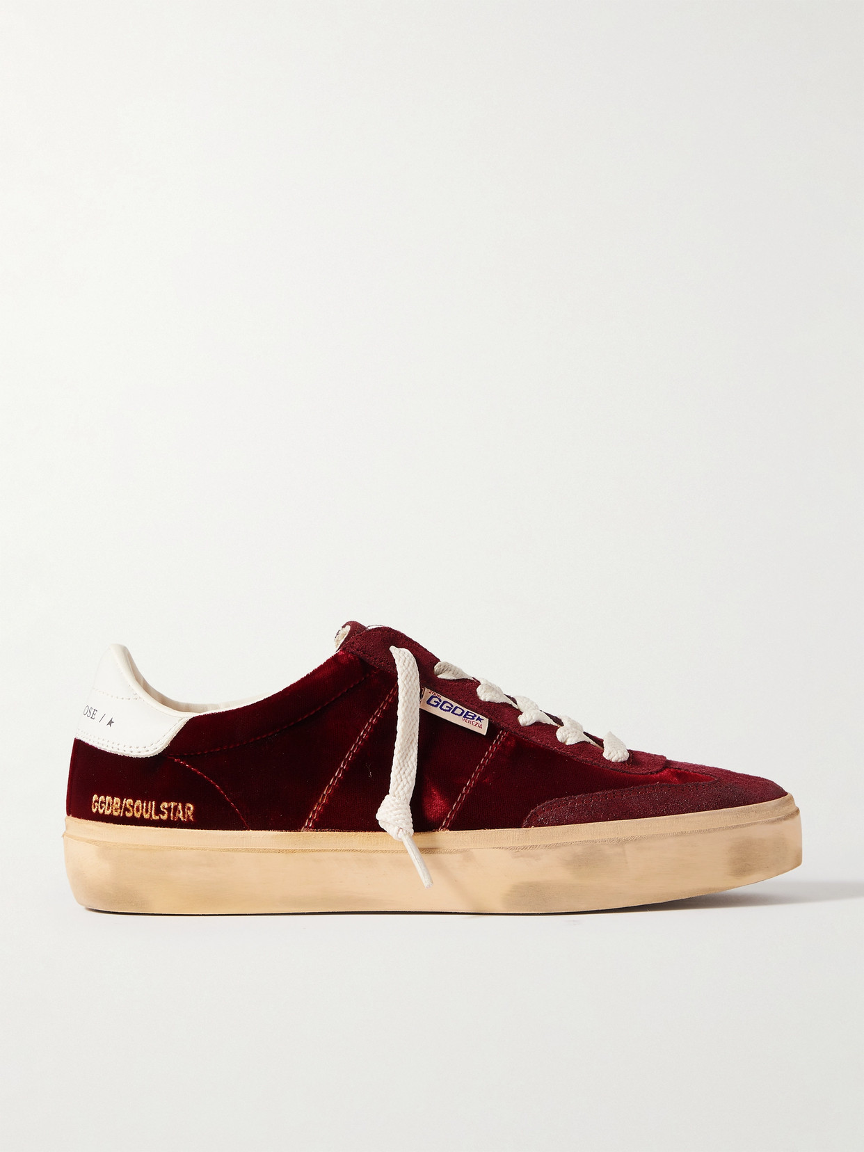 Shop Golden Goose Soul-star Distressed Suede And Leather-trimmed Velvet Sneakers In Burgundy