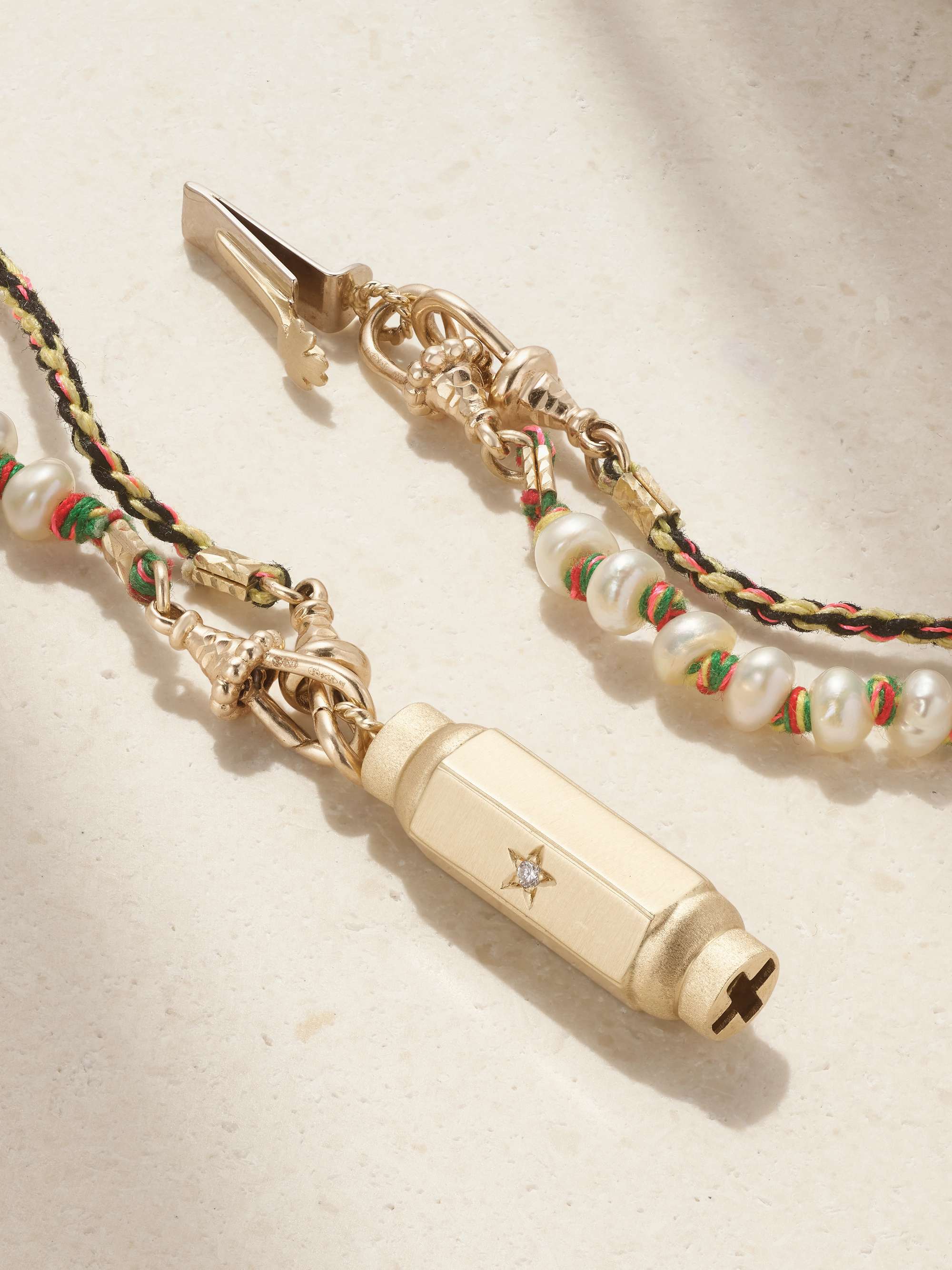 MARIE LICHTENBERG Coco Locket 14-karat gold, silk, pearl and diamond necklace