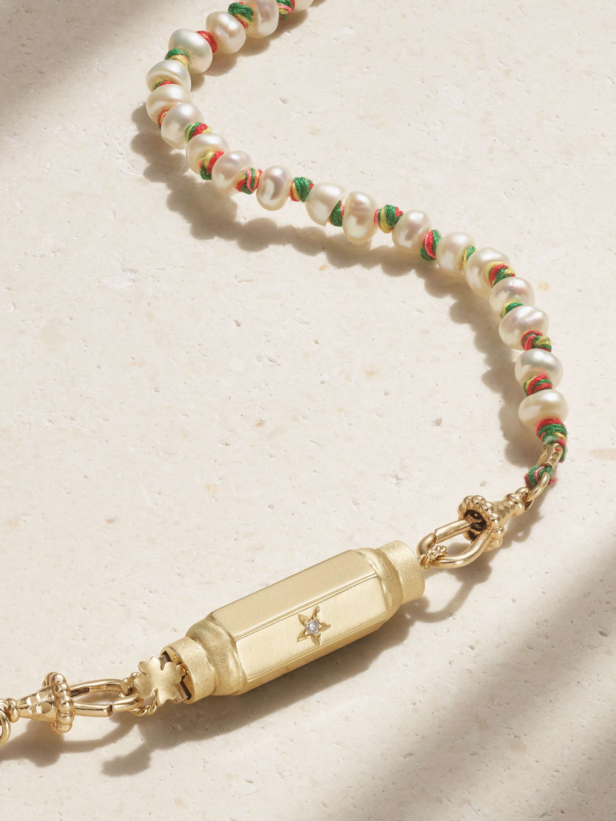 MARIE LICHTENBERG Coco Locket 14-karat gold, silk, pearl and diamond necklace