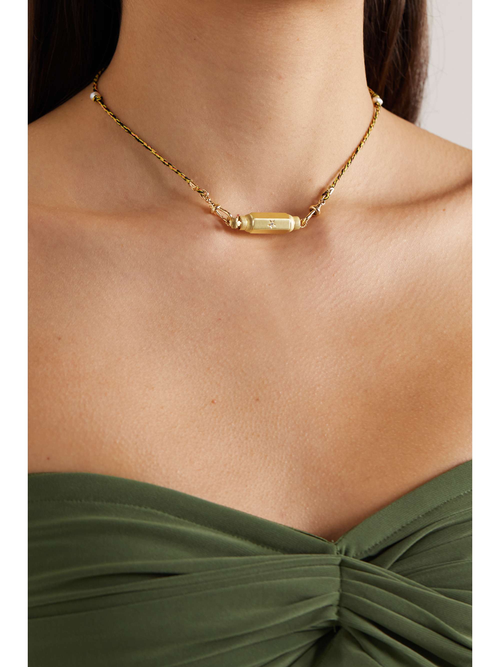 MARIE LICHTENBERG Coco Locket 14-karat gold, silk, pearl and diamond necklace