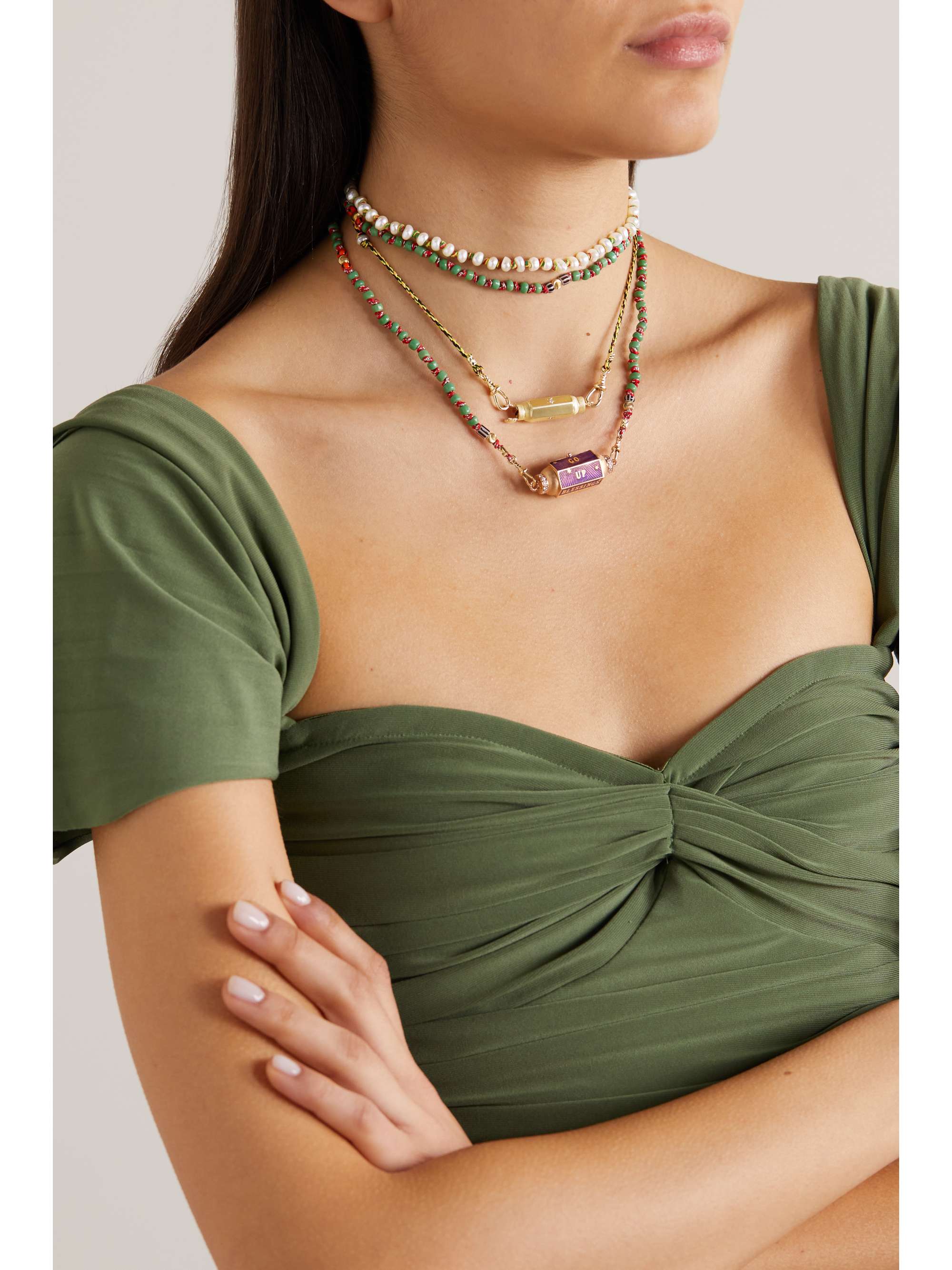 MARIE LICHTENBERG Coco Locket 14-karat gold, silk, pearl and diamond necklace