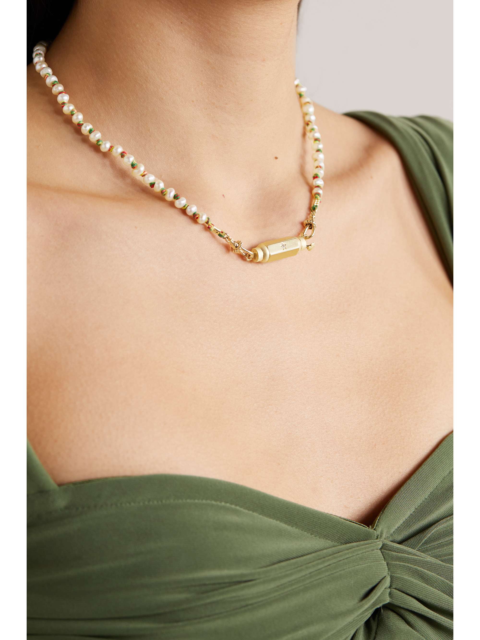 MARIE LICHTENBERG Coco Locket 14-karat gold, silk, pearl and diamond necklace
