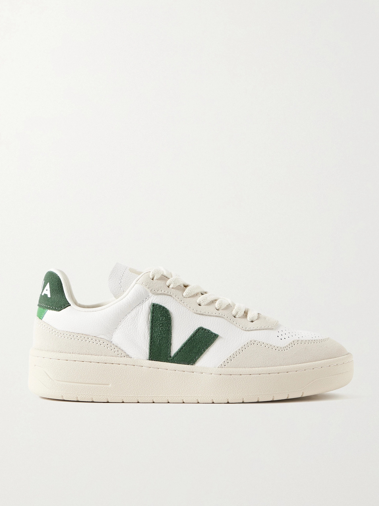 Shop Veja V-90 Leather And Suede Sneakers In White