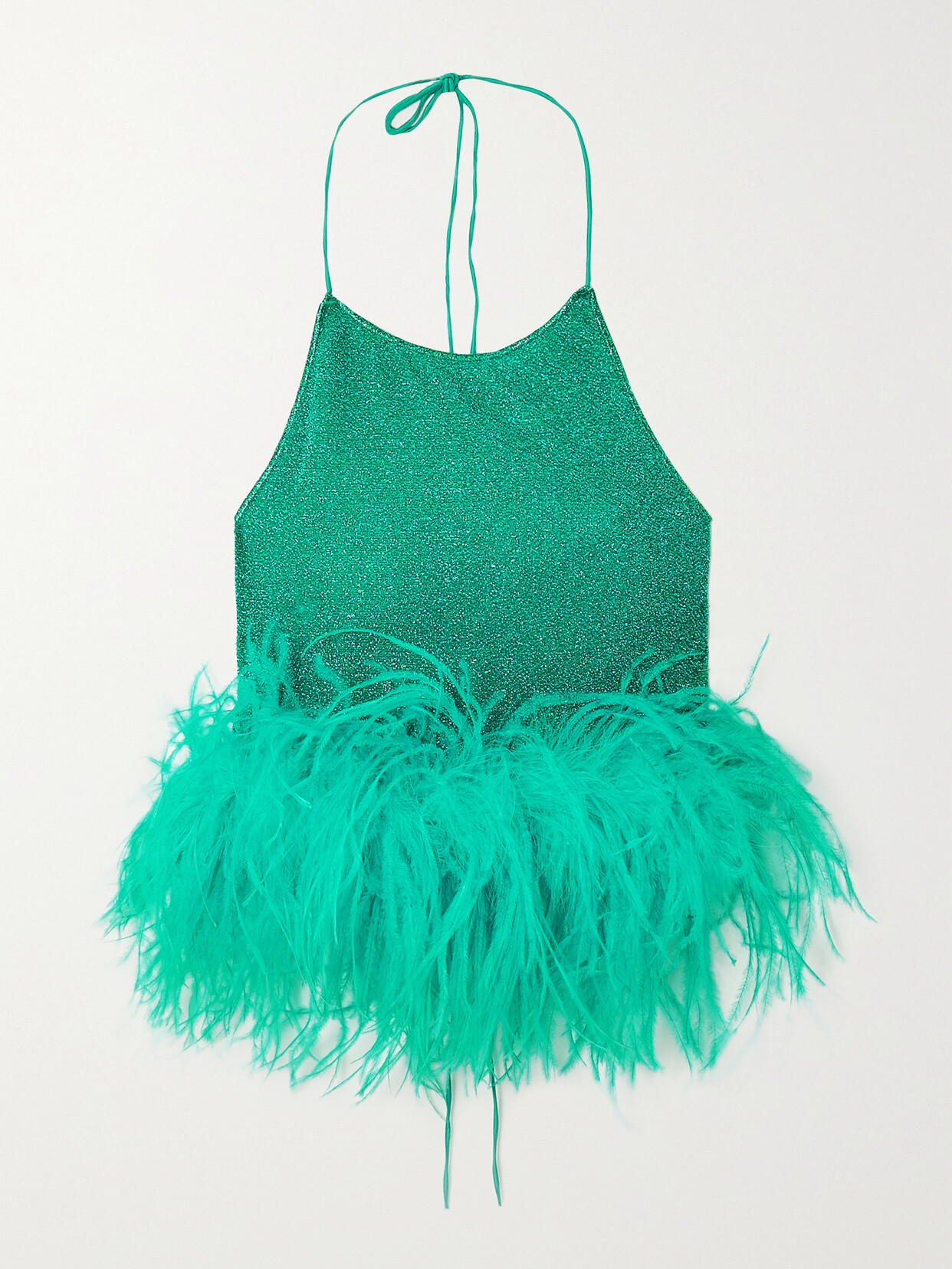 Oséree - Lumière Cropped Feather-trimmed Metallic Stretch-knit Halterneck Top - Green