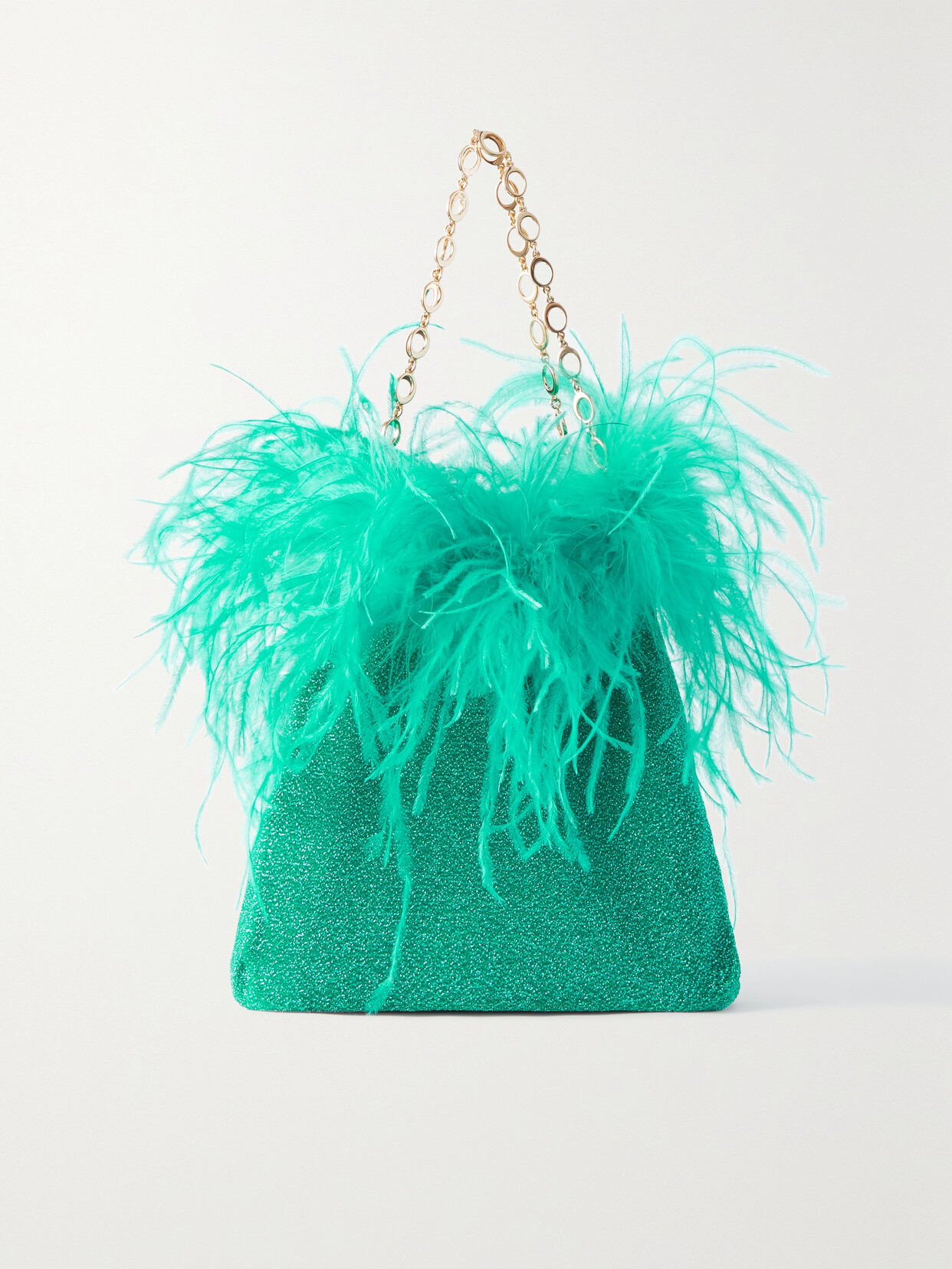 Oséree - Lumiére Mini Feather-trimmed Metallic Stretch-knit Tote - Green