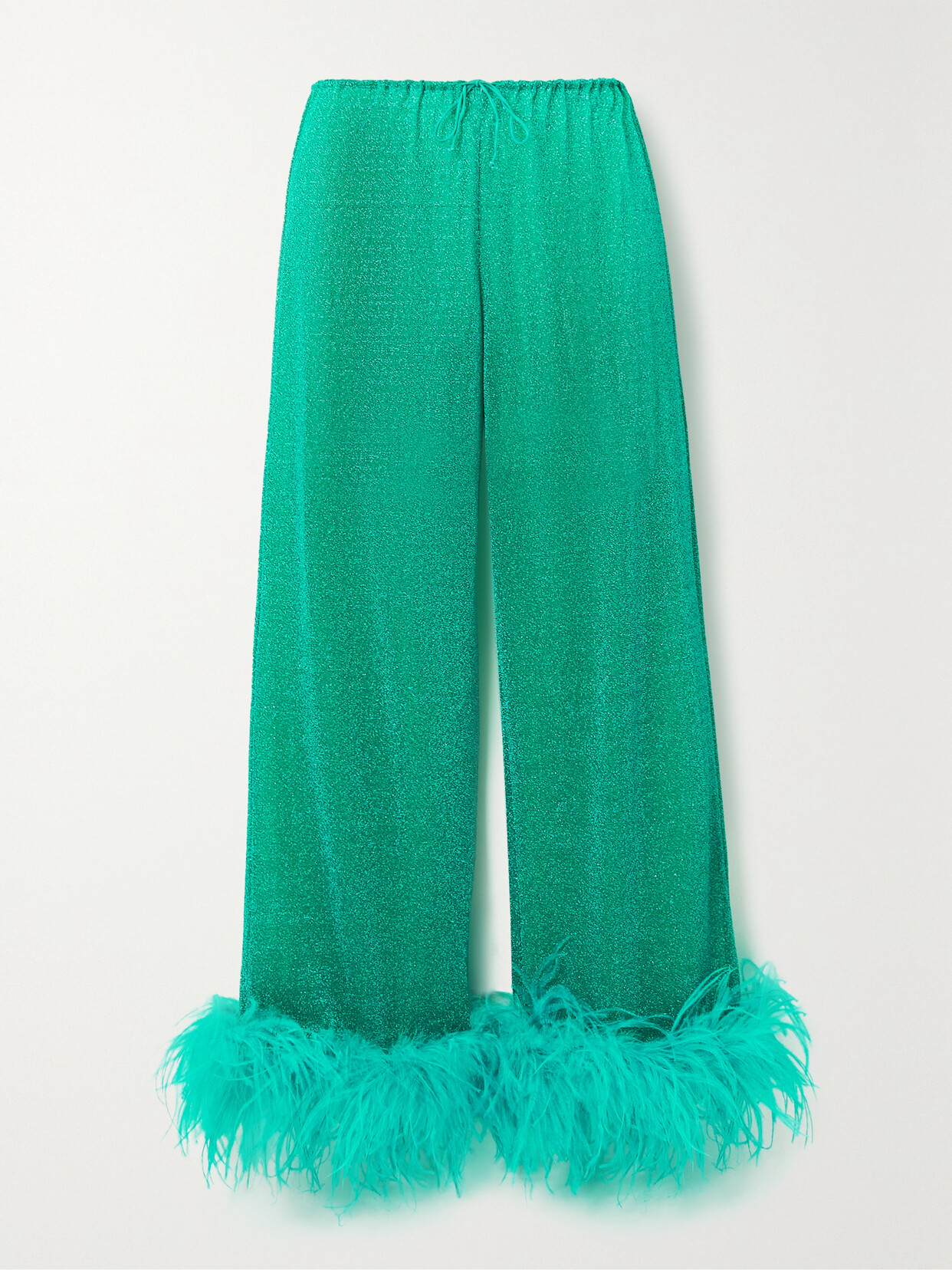 Oséree Lumiére Feather-trimmed Metallic Stretch-knit Straight-leg Pants - Green