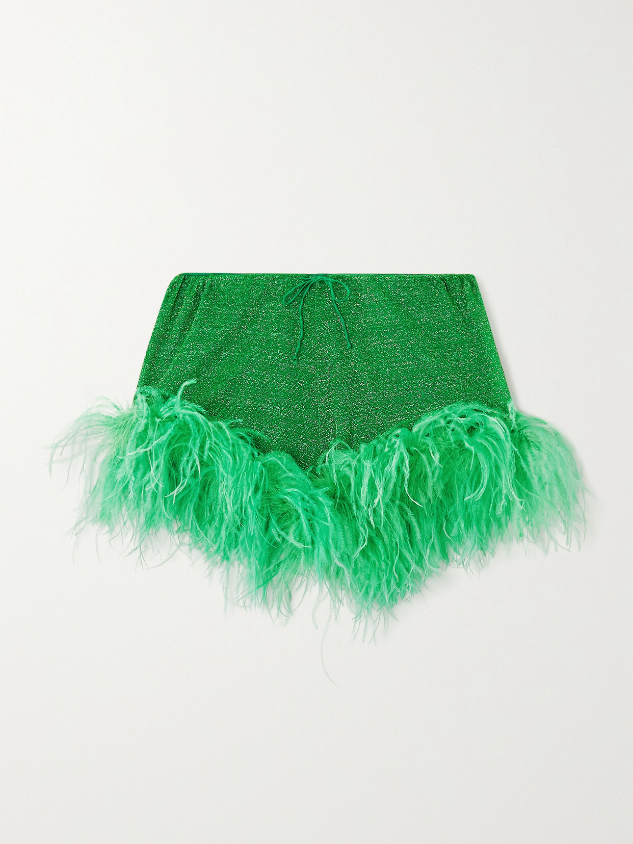 Oséree Lumière Feather-trimmed Metallic Stretch-knit Shorts - Green
