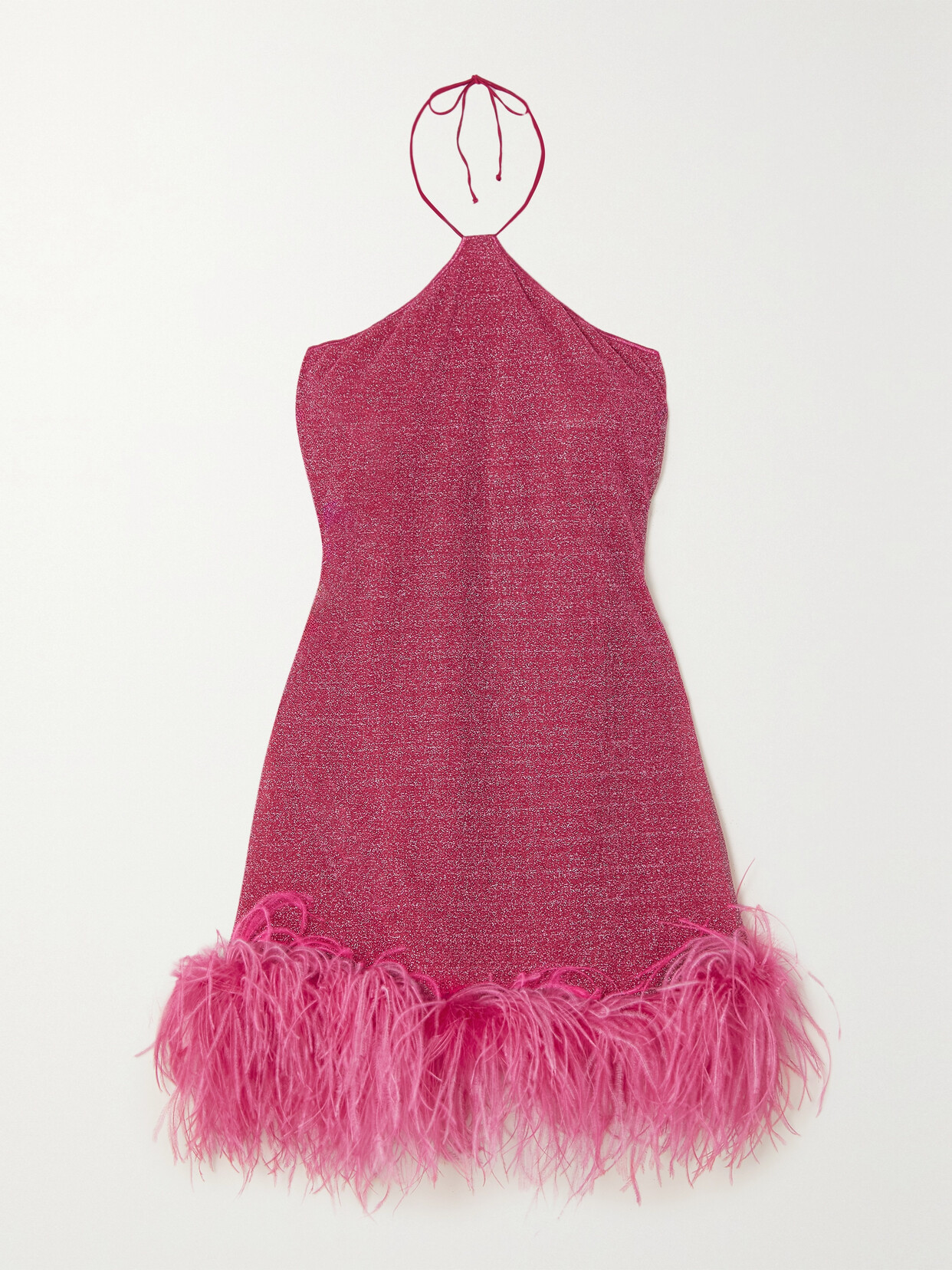 Oséree - Lumière Feather-trimmed Metallic Stretch-knit Halterneck Mini Dress - Pink