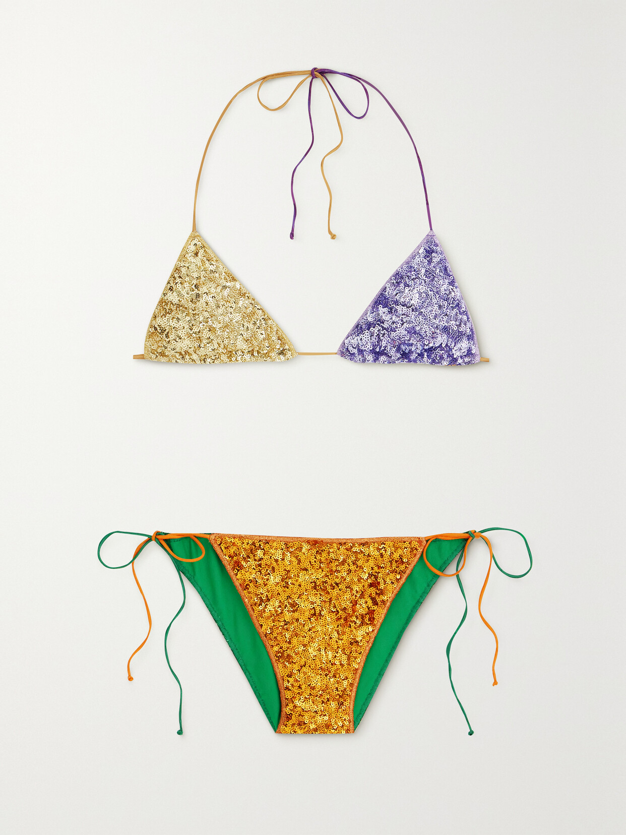 Oséree - Color-block Sequined Triangle Bikini - Orange