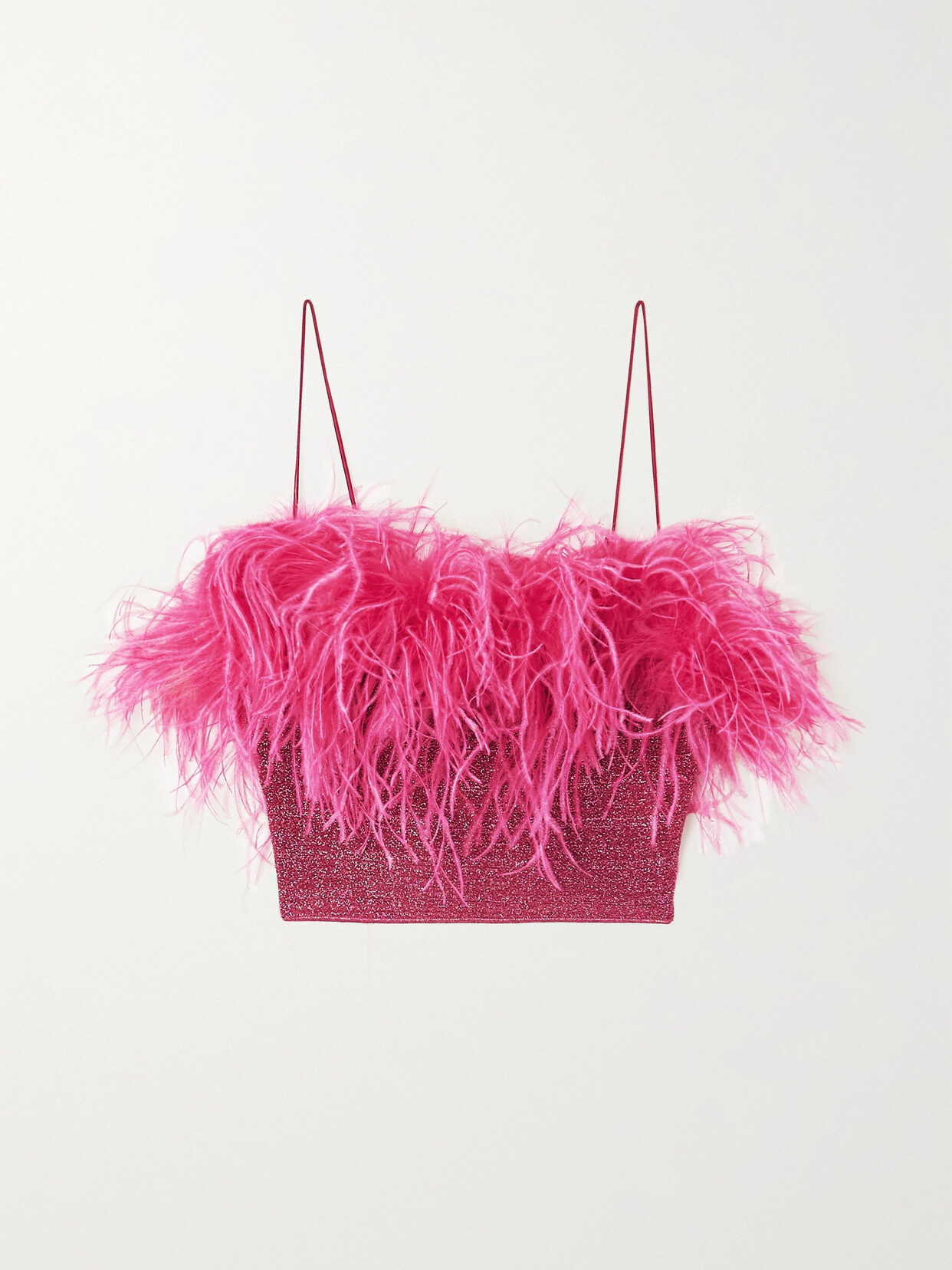 Oséree Lumière Cropped Feather-trimmed Metallic Knitted Top - Pink