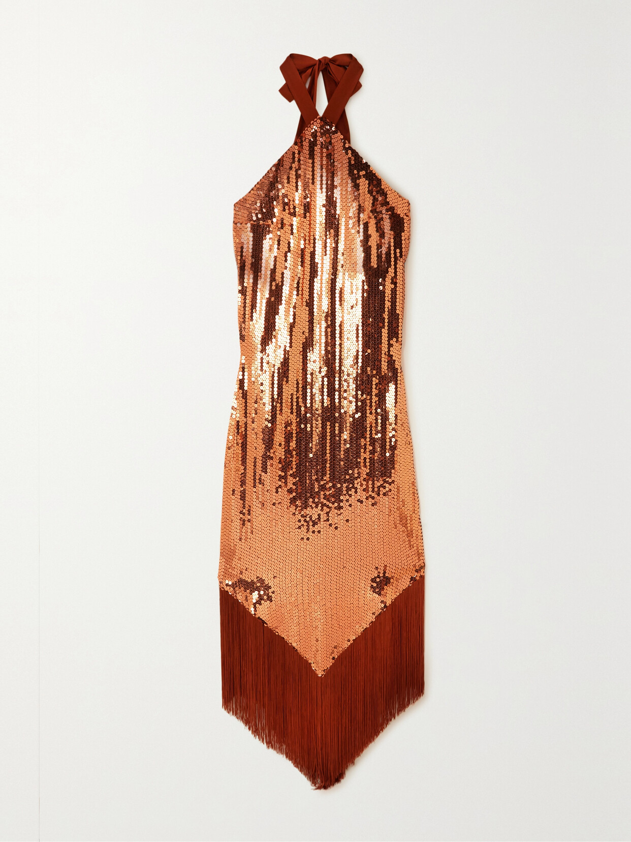 Taller Marmo Nina Fringed Satin-trimmed Sequined Crepe Halterneck Maxi Dress - Orange