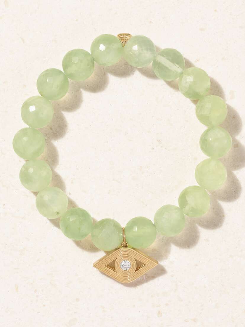 Sydney Evan Fluted Evil Eye 14-karat Gold, Diamond And Prehnite Bracelet