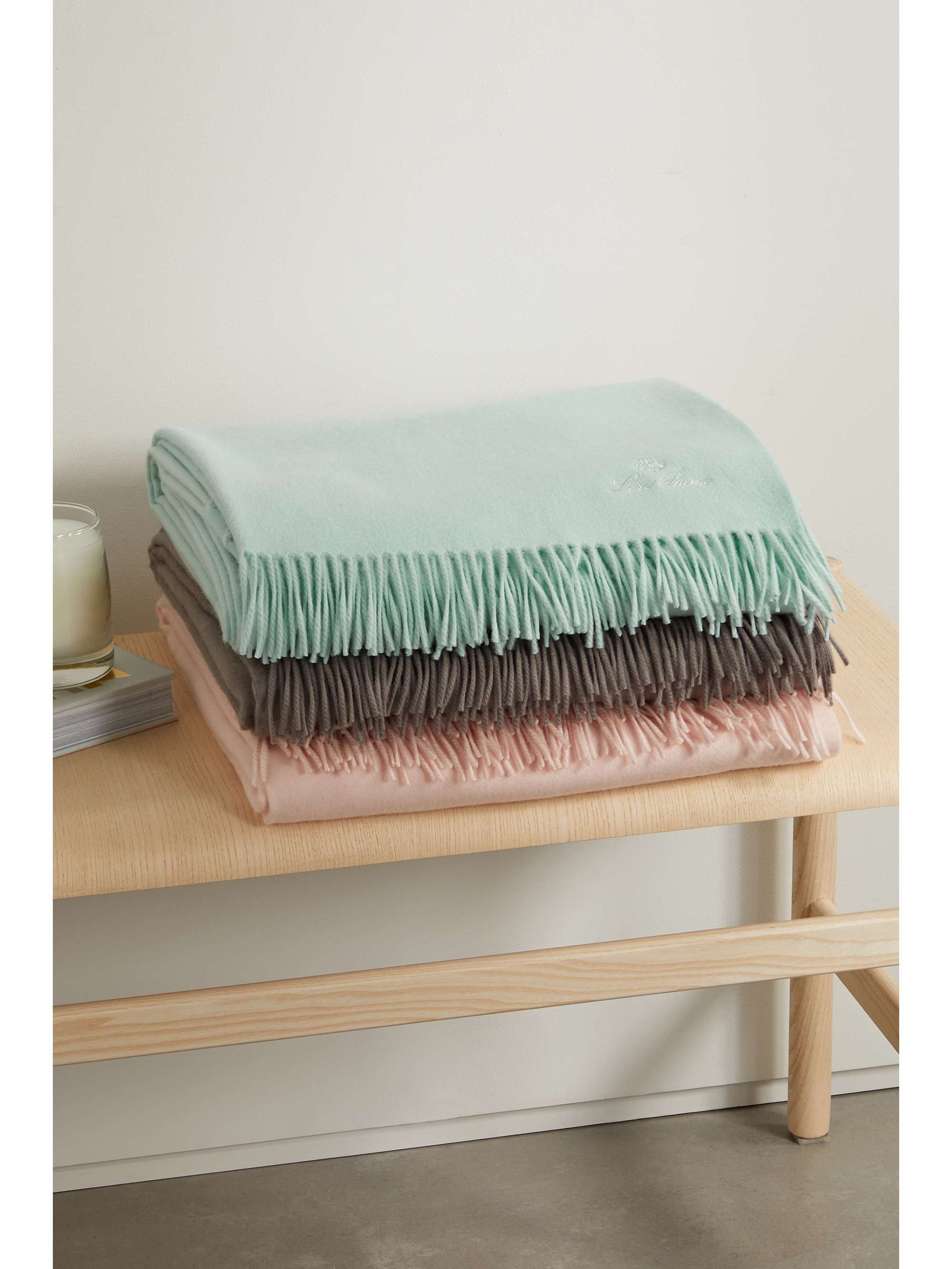 LORO PIANA Fringed embroidered cashmere throw
