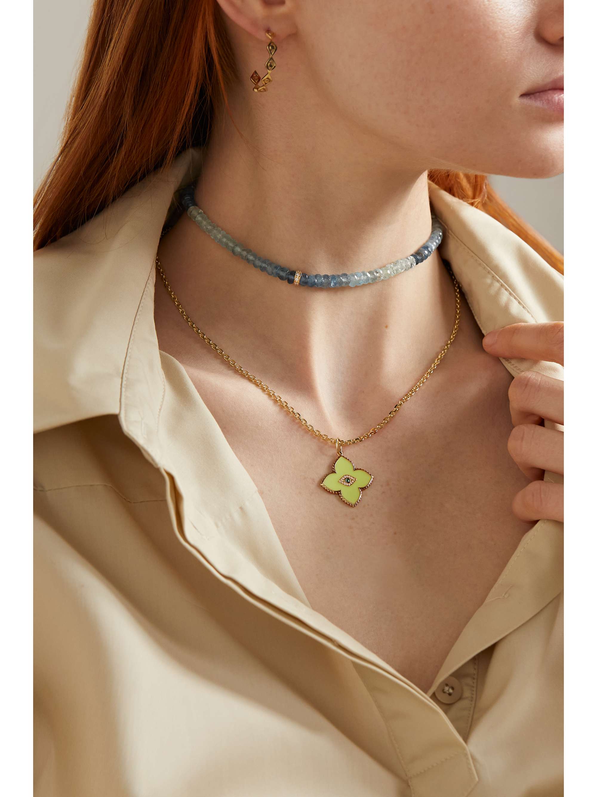 SYDNEY EVAN Evil Eye 14-karat gold, enamel, emerald and diamond necklace
