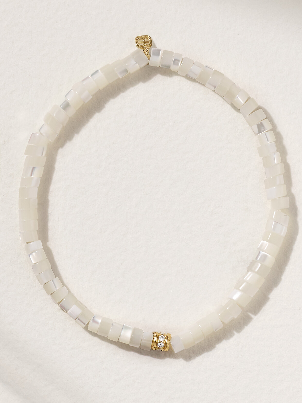 Sydney Evan 14k Yellow Gold Scallop Edge Pave Rondelle And Mother-of-pearl Bracelet In White