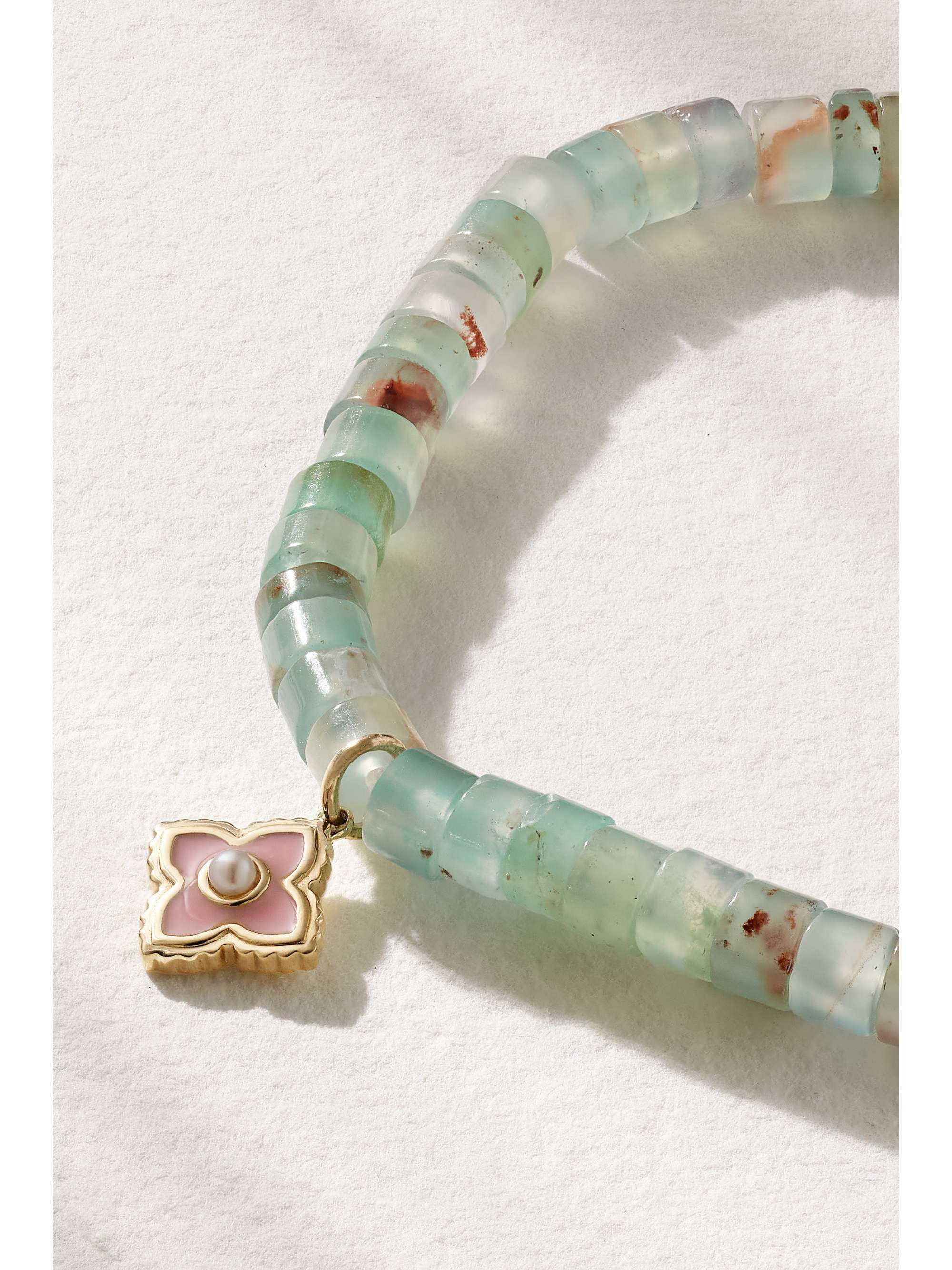 SYDNEY EVAN Moroccan Flower 14-karat gold, aquaprase, enamel and pearl bracelet