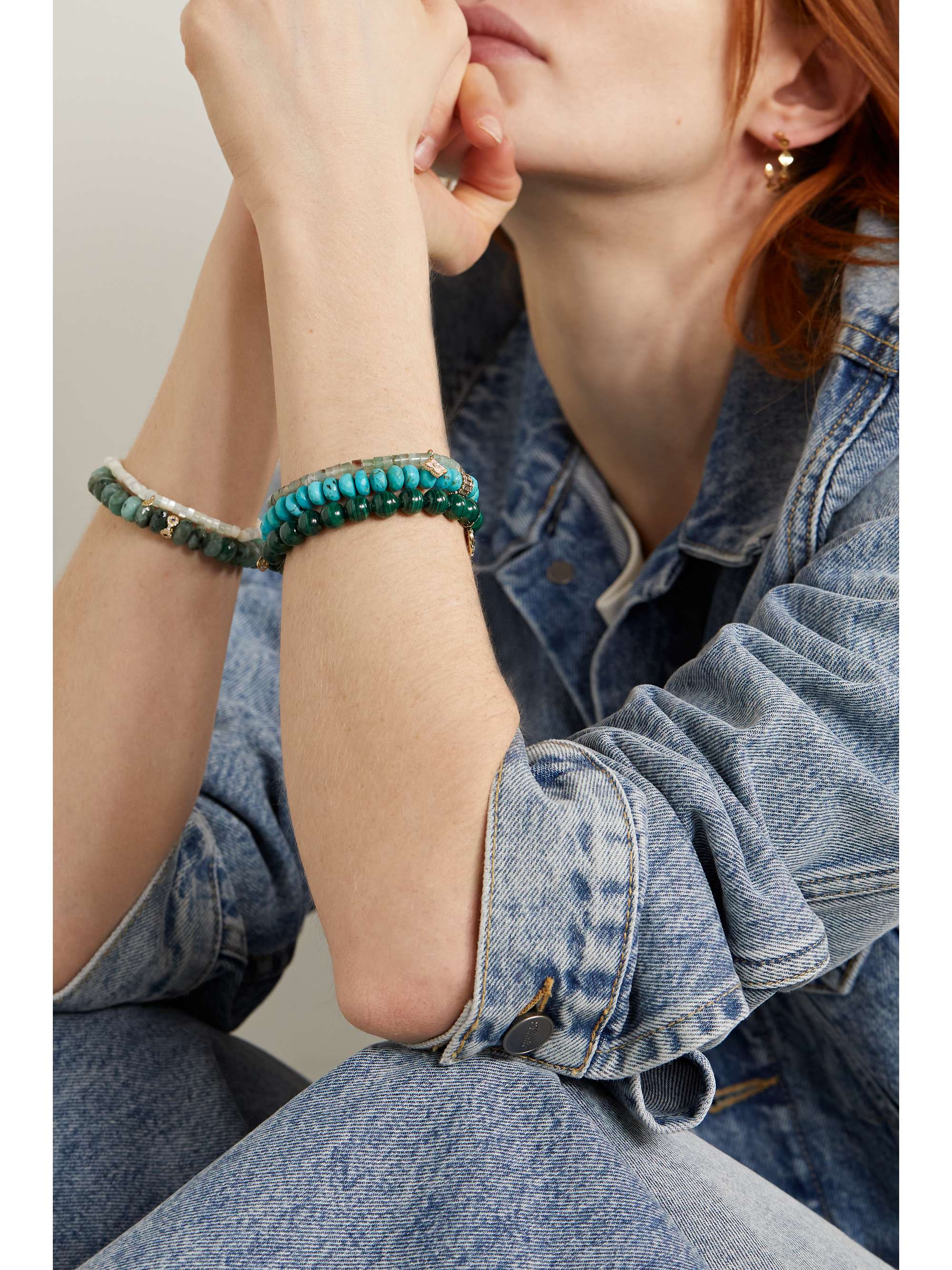 SYDNEY EVAN Moroccan Flower 14-karat gold, aquaprase, enamel and pearl bracelet