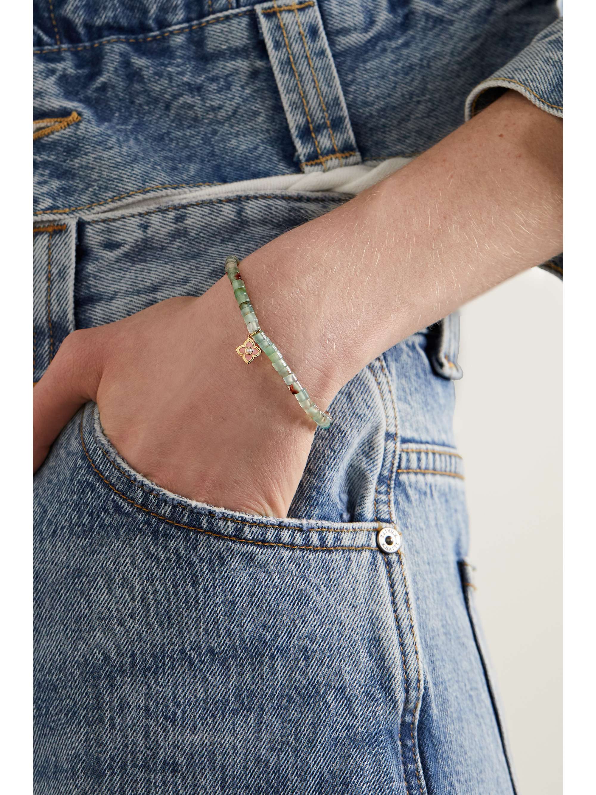 SYDNEY EVAN Moroccan Flower 14-karat gold, aquaprase, enamel and pearl bracelet