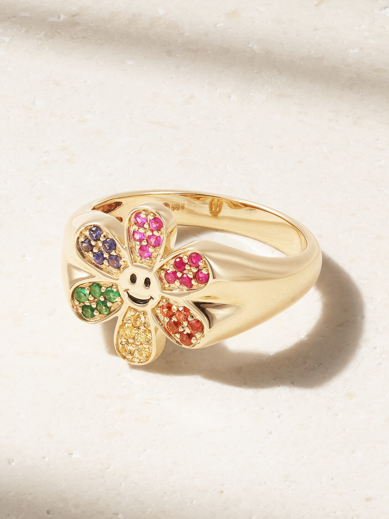 Sydney Evan Daisy Happy Face 14-karat Gold Multi-stone Signet Ring